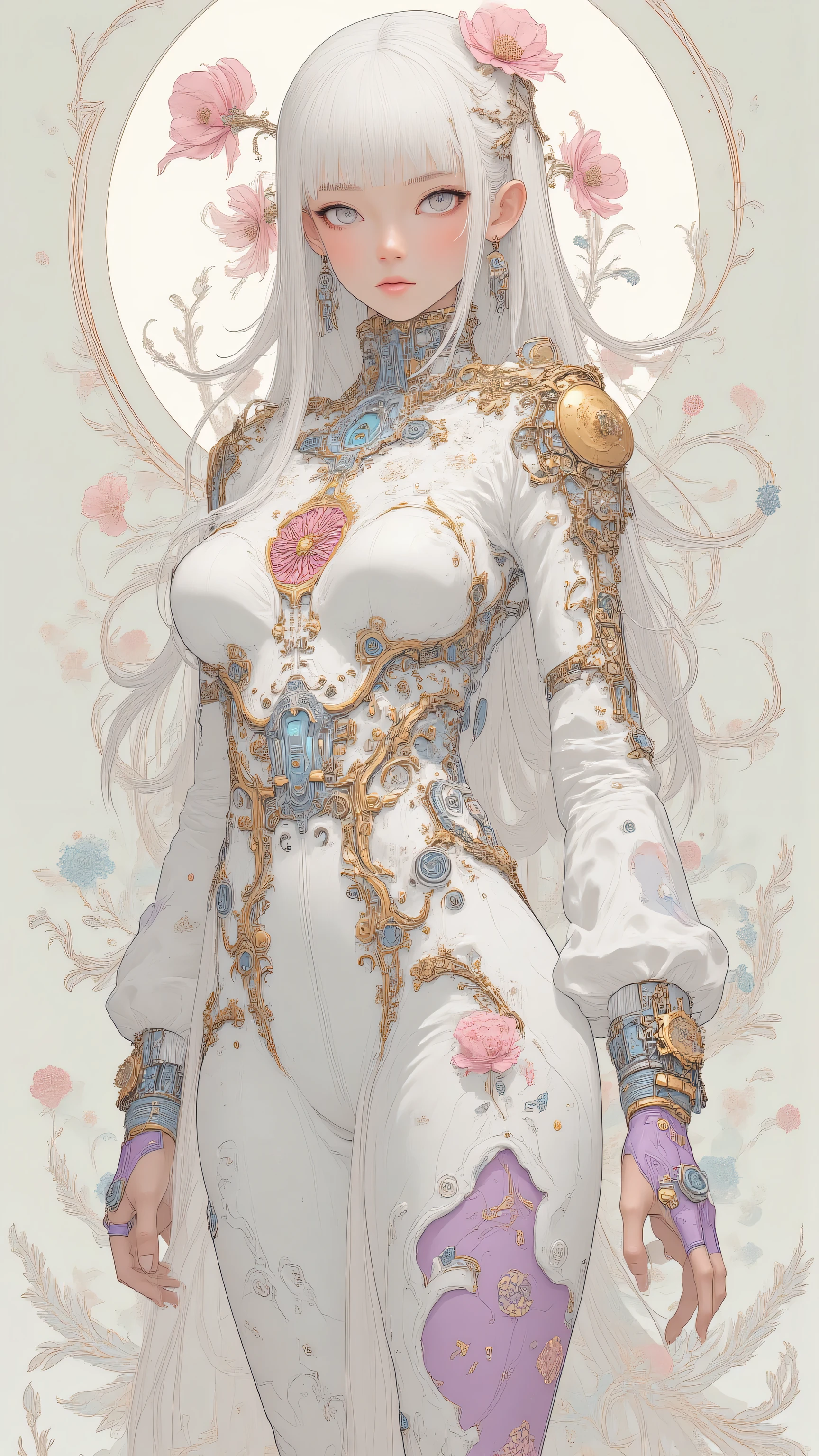 A hyper-detailed majestic full-body portrait of LUNA as the ethereal Queen dressed in an exquisite fantasy-inspired cheongsam qipao, an 18-year-old woman with flawless porcelain pale skin glowing with a soft pearly sheen like polished moonlit marble, absolutely no freckles or blemishes, skin radiating pure luminous white purity with subtle iridescent highlights dancing across her cheeks, forehead, neck, arms, and legs as if dusted with ethereal fairy powder, anatomically perfect slim yet gracefully curvaceous body with delicate collarbones, slender waist cinched elegantly, long slender legs, and elegant limbs flowing in harmonious proportions from head to toe, long flowing white hair cascading in luxurious silk-like waves down to her ankles with hyper-intricate delicate pink and rose gold highlights shimmering like captured moonlight on cascading dewdrops, hair adorned with ultra-detailed pastel-colored flowers—tiny blooming cherry blossoms in soft translucent pinks with layered velvety petals, golden stamens, and faint vein patterns, lavender orchids with ruffled fringed edges, dew-kissed centers glistening with micro-droplets, mint-green ferns with feathery fronds curling like living scrolls with spore-like textures, and subtle golden vines twisting like intricate jewelry with thorn-like barbs, leaf motifs, and tiny bud clusters woven seamlessly into her tresses, vines extending down her back, shoulders, and sides like natural extensions framing the full silhouette of the dress, delicate human ears peeking gracefully through the flowing strands with tiny pearl drop earrings shaped like blooming lotuses dangling from the lobes, catching light with prismatic refractions and subtle earlobe shadows, her face blending the gentle softness of classic LUNA's tender beauty with an exuberant and seductive smile full of playful mischief and alluring elegance, full lips curved in a coy half-smile revealing perfect pearl-white teeth with a glossy sheen from imagined rose-tinte