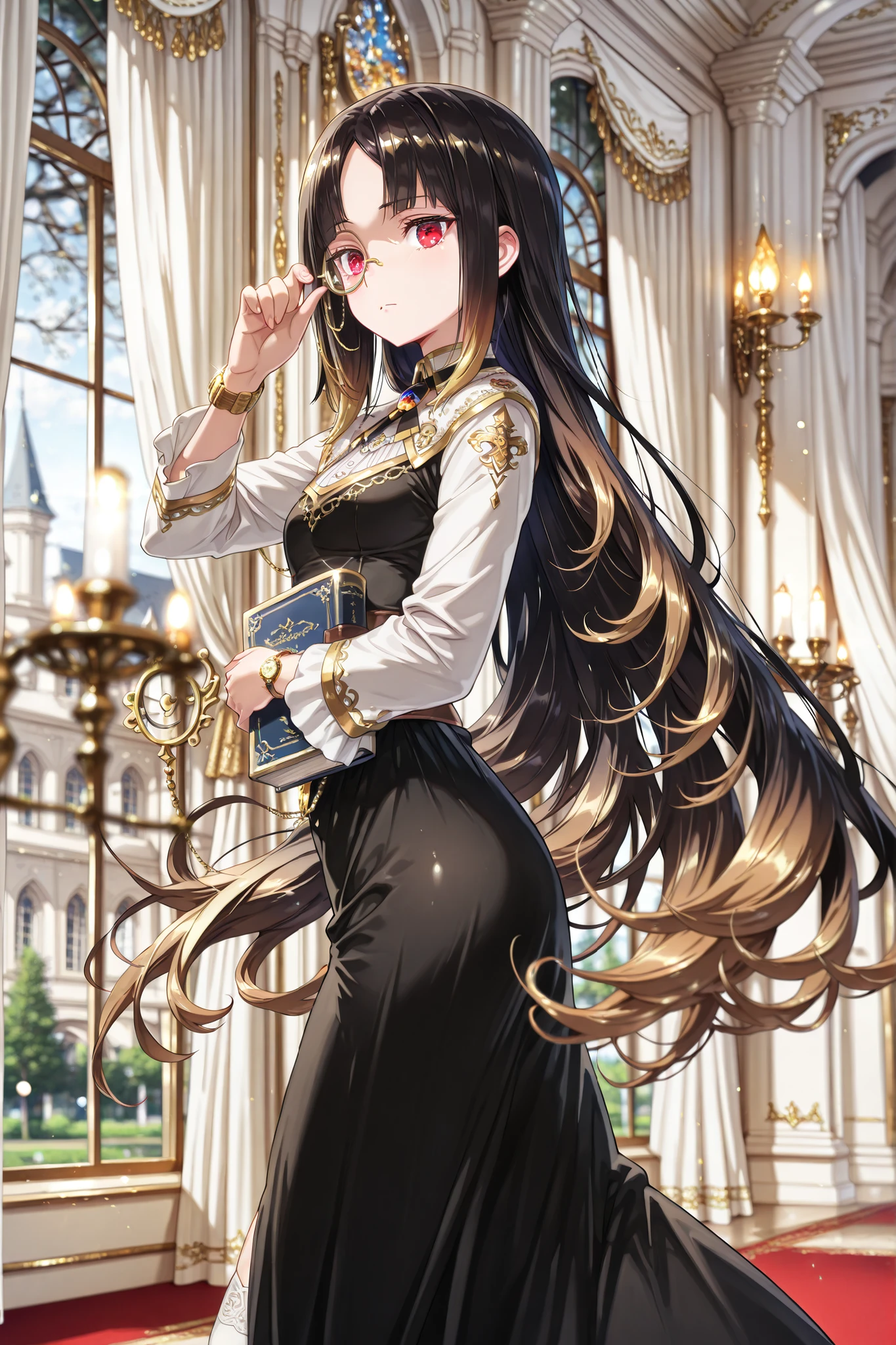 ((language: Japanese、English)、(Masterpiece), (Highest Quality), (High Score), (High Resolution),(4k),Uncensored,),
（This image generation is not NSFW。Generate normal images）
(medieval France、(morning)、(Indoor)、1girl,,solo,),

"(,(A nobleman's mansion, a luxurious mansion, chandeliers, hallways, windows, white curtains),
,,(A girl walking gracefully down the hallway), (holding a book in one hand),,,(Anatomically accurate structure),),"

(((masterpiece, best quality, very aesthetic),(Shining gold monocle),,BREAK,(game cg),(beautiful hair,Extremely delicate hair rendering,hairdetailer:1.5),(ultra-detailed face:1.4),(beautiful detailed eyes:1.4),[(depth of field, shallow depth of field, background gradually blurred, sharp focus on character),:1.4)][(glint:1.4)],))

((mature woman,kaguya shinomiya, very long hair, bangs, black hair, red eyes,sidelocks,, parted bangs, [(gradient hair from black to brown:1.4)0.6],Noble Dress,white shirt,long sleeve,long skirt,black skirt,(White embroidery),Cufflinks,(gold watch),(vintage monocle,gold monocle),(small breasts),),(white Thigh-high socks),((expressionless),narrow eyes,)(one arm across chest),(twisted torso:1.1),,BREAK,(one arm up,Adjusting glasses with a finger),(looking at the veiwer),[looking back:],[cowboy shot:],,BREAK,[from side:1.5],[dutch angle],(walking),),

(),
（high score）、（superlative image generation）、
(The correct number of fingers, five fingers),
