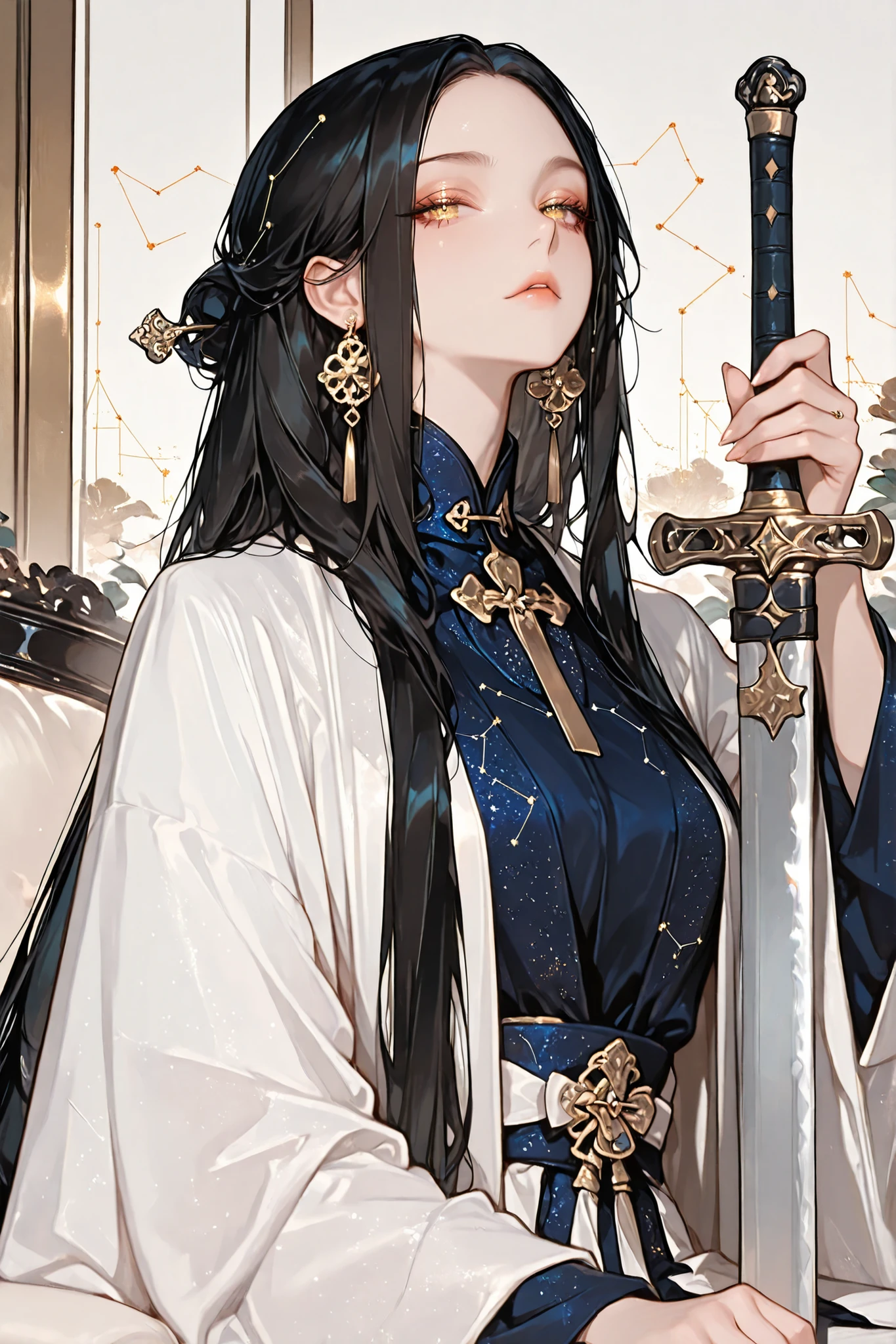 (Masterpiece Level:1.2, Highest Quality),
(Meticulously Detailed CG, Ultra-Detailed),
(Extremely Detailed and Beautiful:1.1), (Perfect detail:1.1),
Solo, Only one girl, elegant female posture,
very long hair, black hair, no bangs:1.2, forehead, soft droopy eyebrows, gold eyes, beautiful and delicate eyes, white open robe with wide sleeves, constellation, long gold earrings, navy shirt, shiny, sword, sword with constellation on it, shiny four-tiger sword, 四寅斬邪劍, professor, holding a sword, suit, beautiful eyes, look at viewer
