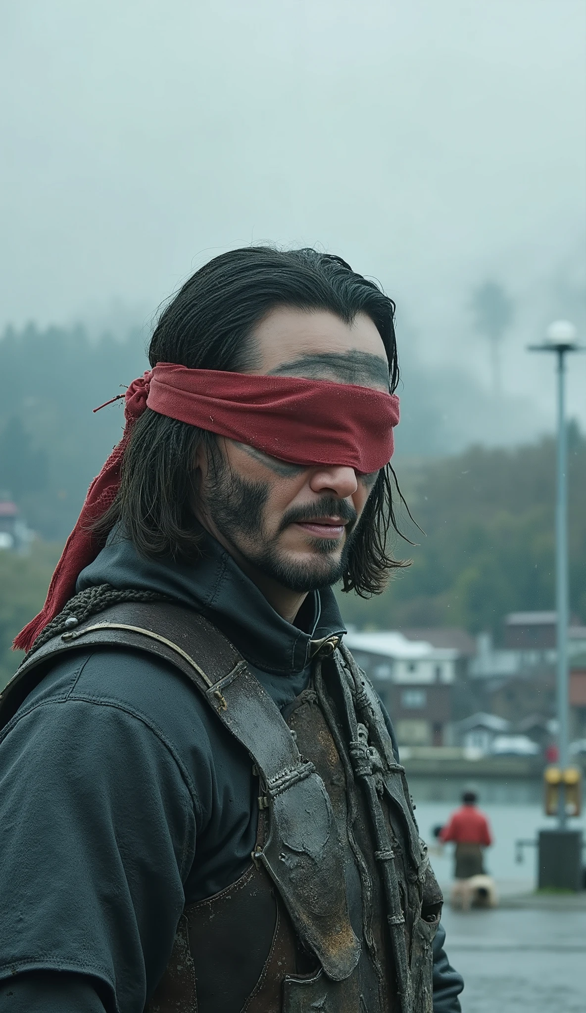 Ultra-realistic 8K close-up of Keanu Reeves as Kenshi from Mortal Kombat, with red cloth band blindfolding with leather and metal armor, long braided hair. Face painted like Indian 
Fund: Norwegian villages among snowy trees, lake reflecting cold light, smoke coming from chimneys and realistic cloudy sky. cinematic natural lighting. and cars and people and dogs and green trees and light pole and snack cart 