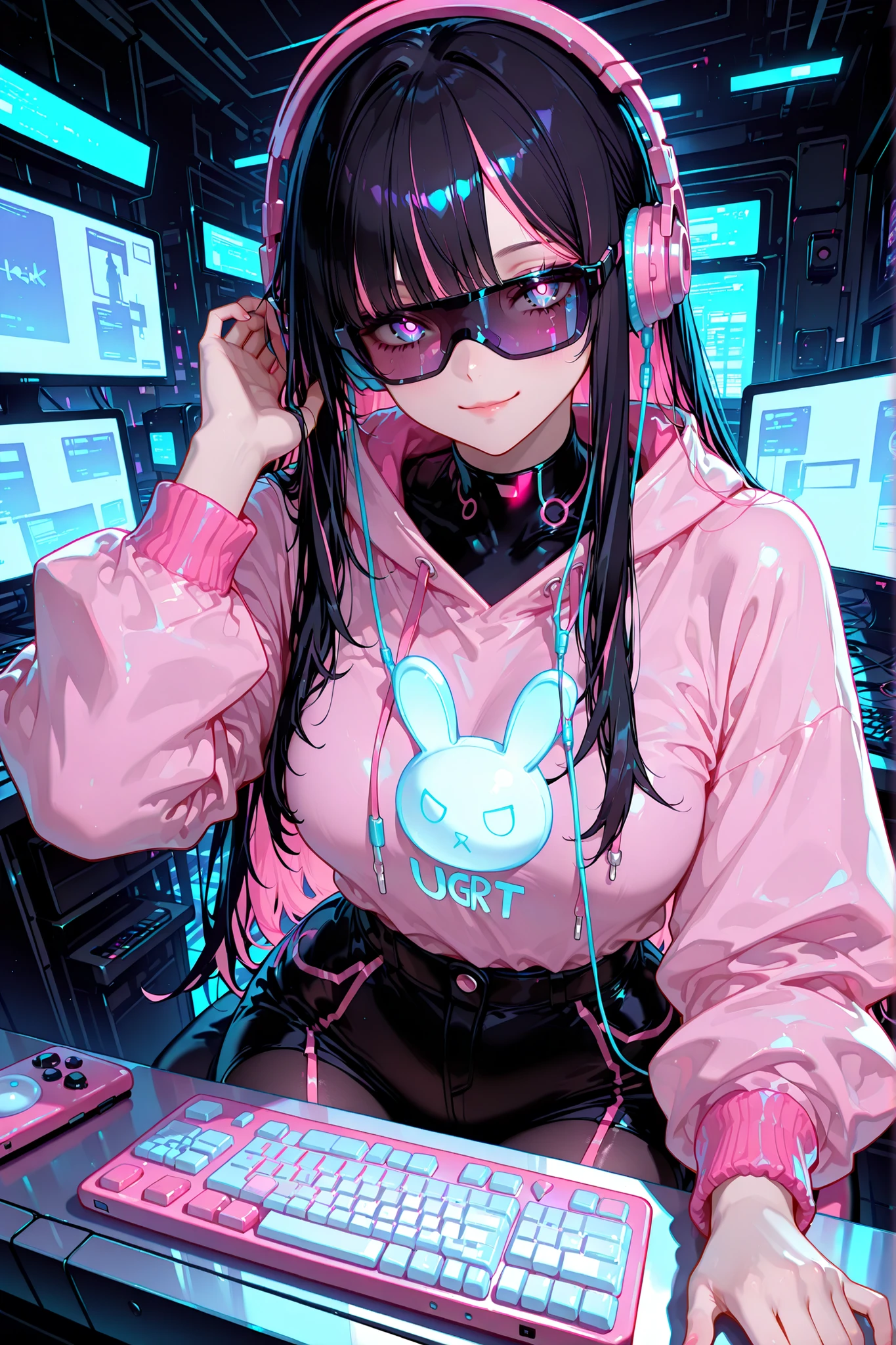 1 girl, Hacker, earphones , pink jumper , cyberpunk style sunglasses, Computer tower, flashing lights, urgent hacking work, background that seems to explode, game illustration, animation, 8k, Masterpiece