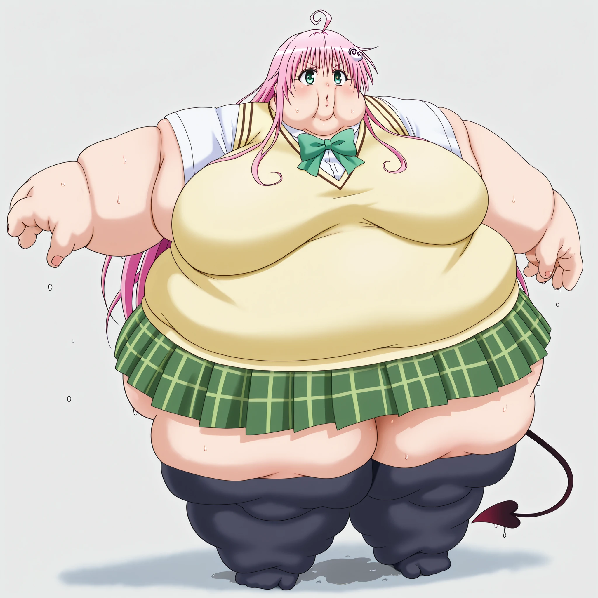 laladeviluke,
lala deviluke, long hair, pink hair, tail, ahoge, bangs, hair ornament, green eyes,
demon tail, green skirt, plaid, plaid skirt, sainan high school uniform, school uniform, skirt, sweater vest, thighhighs, yellow sweater, short sleeves, bow, green bow, blank_stare, empty_stare, fat, chubby, obese, gigantic arms and legs, large breasts, sweating, wet body, swollen face, Fat_neck , Fat head , eyes with crushed cheeks , nose with crushed cheeks , mouth with crushed cheeks , chin roll,
only head, large head, oversized limbs, large hands, large feet, oversized feet, oversized fingers, big lips, plump lips, fat face, fupa, big fupa, fat fupa,