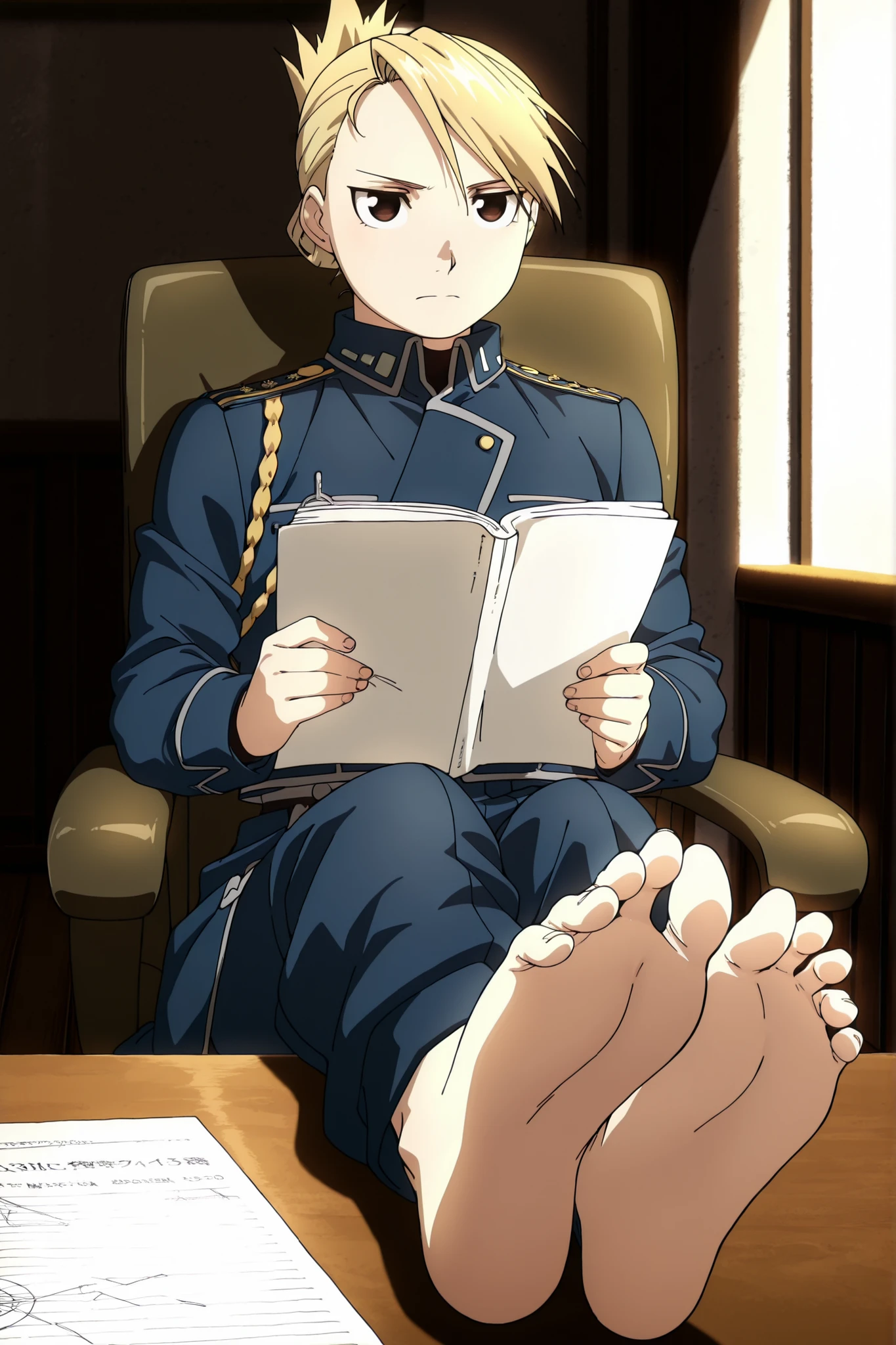 intricate details, anime screencap, best quality, absurd res, ultra detailed, good eyes, perfect eyes, detailed eyes, detailed face, detailed background, perfect lighting, score_9, score_8_up, score_7_up, masterpiece, amazing quality, anime coloring, anime screenshot, 1 girl, solo, in an office, riza hawkeye, amestris military uniform, blonde hair, folded ponytail, full body, reading paper, uniform, military uniform, military, aiguillette, sitting, chair, foot focus, barefoot, soles, toes, foot wrinkles, each foot has exactly five toes, showing her soles to the viewer, outstretched legs, feet on table,
