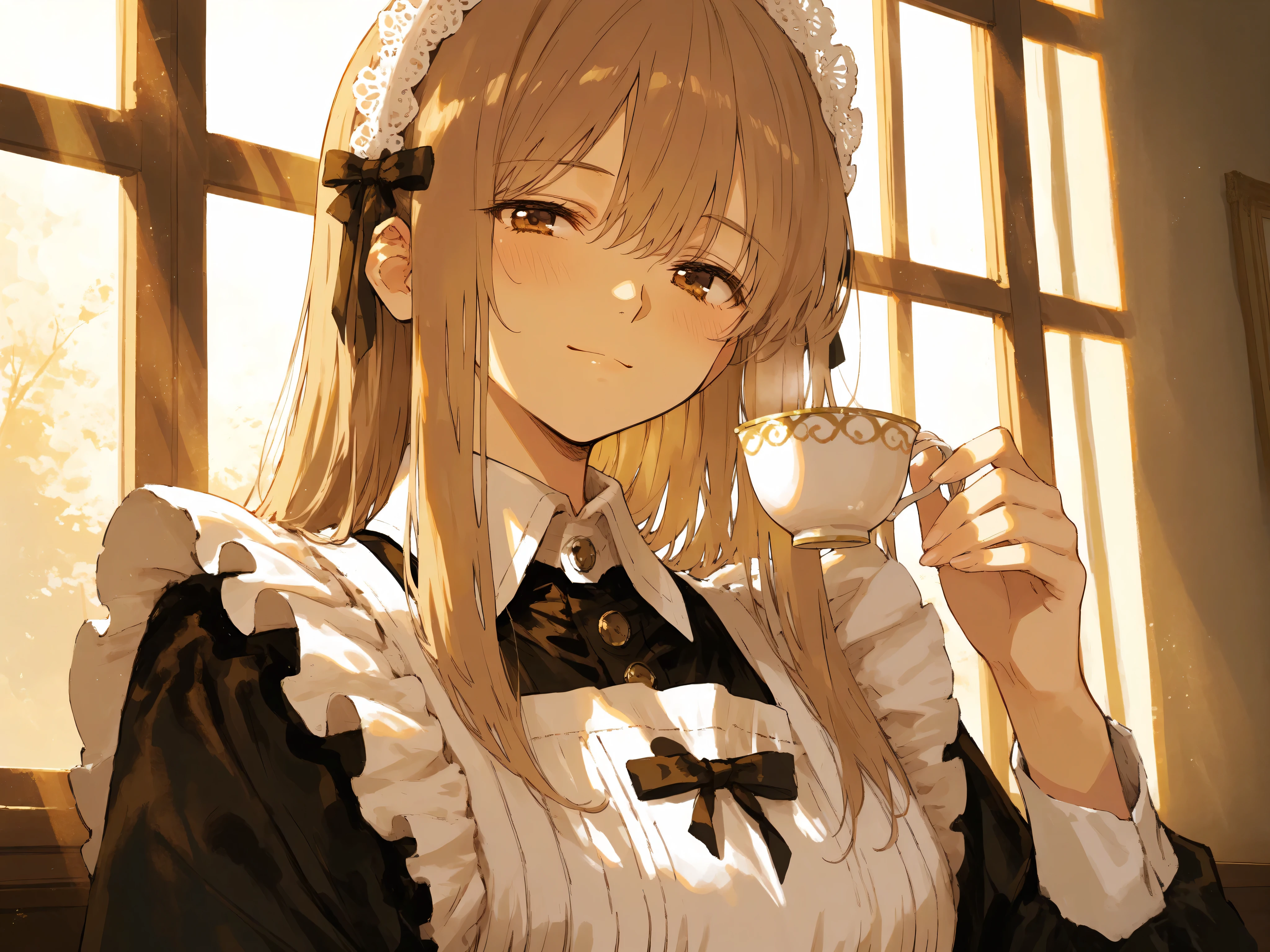A healing maid with a gentle smile, Soft Backlight, indoors where light shines in, classical maid clothes with lots of frills , ruffle apron, headband, shoulder-length hair, A soft smile, bright brown eyes, Natural Poses, Small bow on chest, Teacup in hand, A gentle atmosphere, warm afternoon light, Painting-like atmosphere, anime style, soft lighting, detailed eyes, warm tone, high quality, ultra-detailed, best quality, masterpiece, 1girl, maid outfit, apron, lace headdress, gentle smile, sunlight through window, cozy atmosphere, cinematic lighting, beautiful face