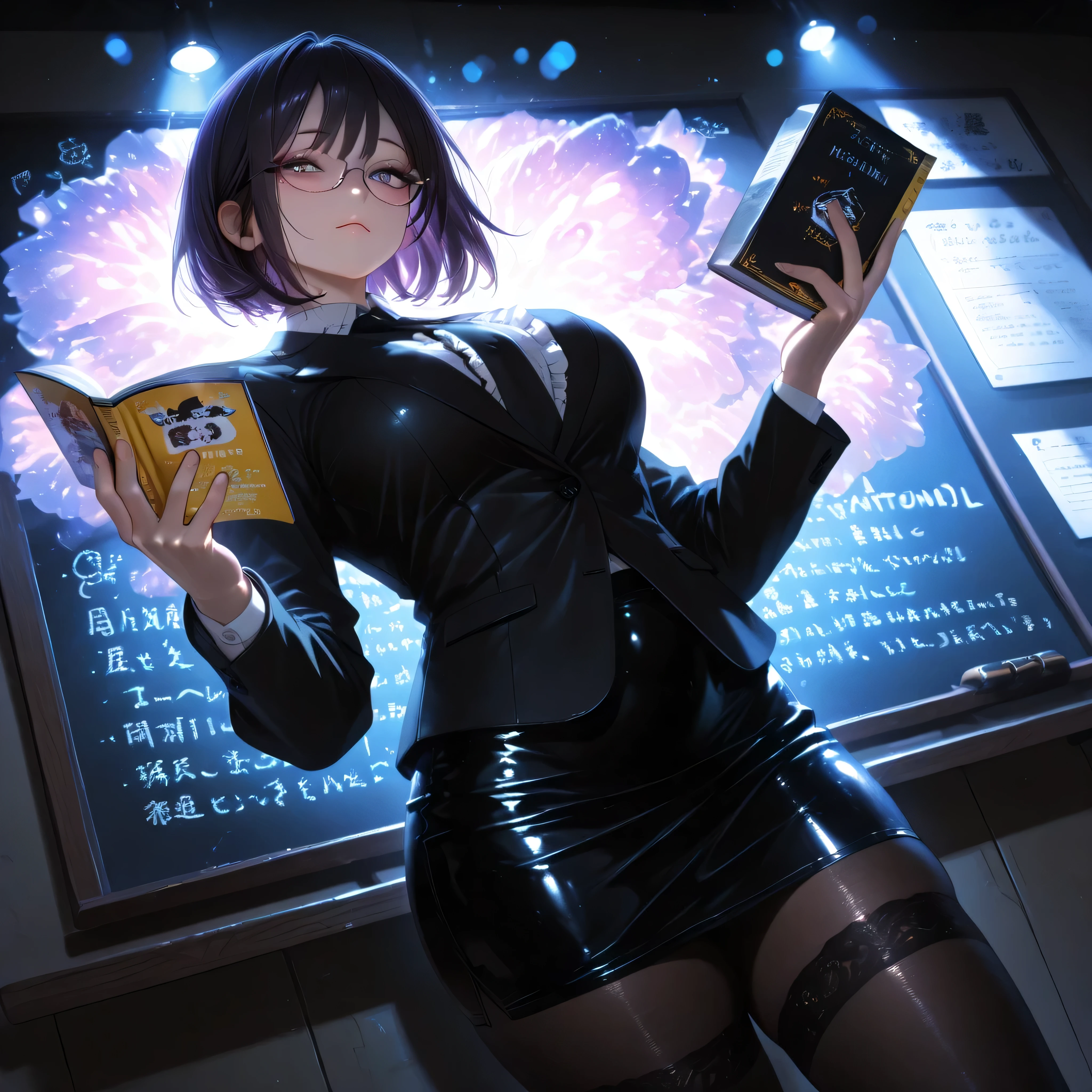 (Masterpiece, Detail:1.2) Older Sister, Female Teacher, Glasses, Face tilted upward, Close-up, Mysterious, Short hair, Fluffy soft fine hair, Strong gaze, Slender eyes, Double eyelids, Thin eyebrows, Long eyelashes, Small mouth, Purple eyes, Large breasts, Tight-fitting glossy business suit jacket, Tight skirt, white frilled blouse, glossy black tie, black stockings, standing in front of a blackboard,
highly detailed, realistic reflections, fine pores, authentic skin texture, (holding a textbook in her right hand:1.5), glowing bokeh, atmospheric lighting, sensual, captivating, fantasy shot with Nikon Z7 II mirrorless camera, Dutch angle, low angle, close-up of thighs in black stockings, low angle wide angle
