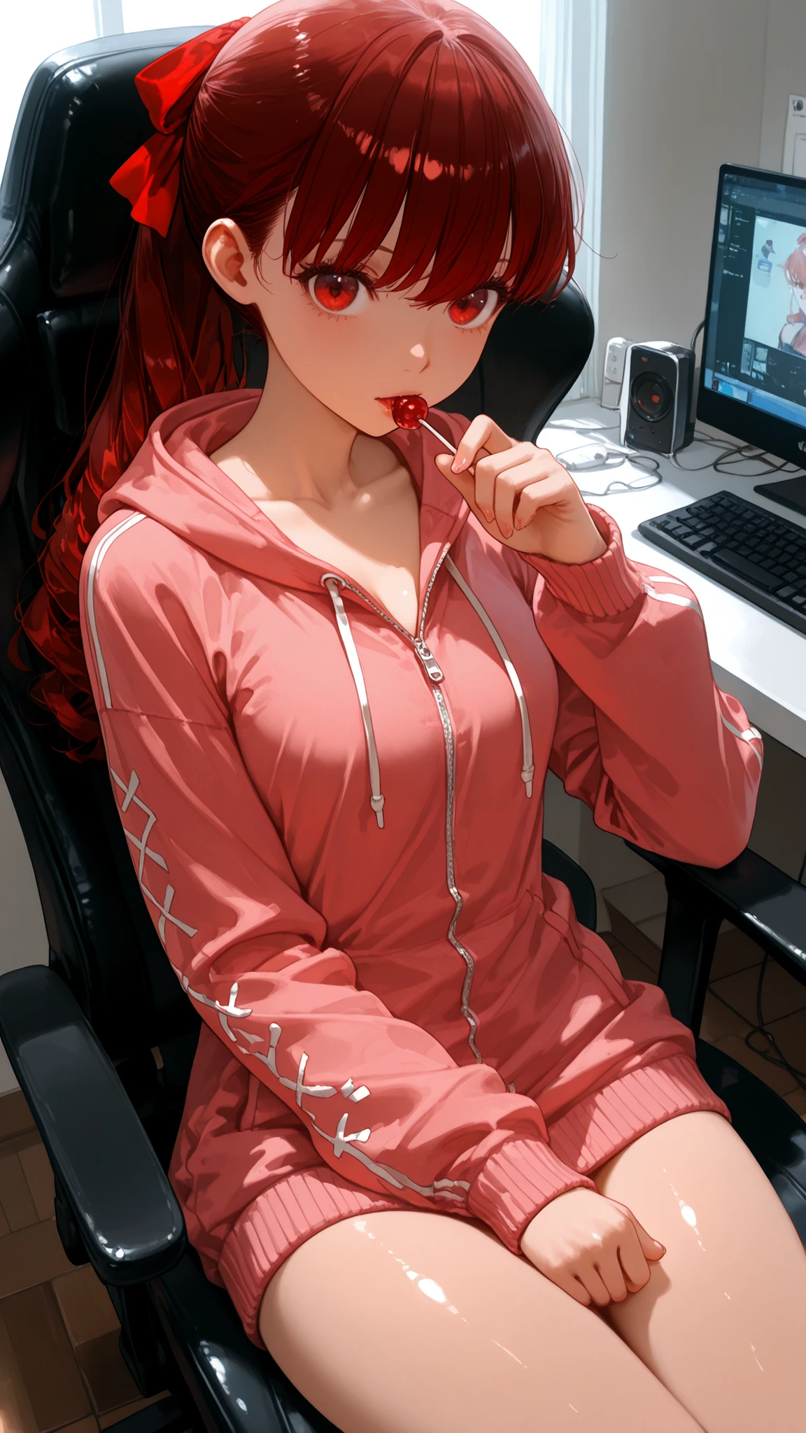 Yoshizawa Kasumi,(makes eyes roll:1.7),(Light Reflect in Eyes:1.5),short bang,masterpiece:1.3,new,((Slender:1.4))),normal chest:1.3,Disconnect,Highest Quality:1.3,赤い髪、DARK RED EYES:1.3,straight long on the butt,(赤い髪:1.4),((beautiful eyes:1.3)),computer room,beautiful thighs、thin thighs:1.3.(pink Parker onepiece:1.6),(:1.6)),((Sitting gaming chair:1.3)),Slender:1.3,Open His Mouth:1.3,8k:1.2,(((side shot:1.3))),(keyboard:1.7),(pink hoodie dress that holds candy with a stick:1.3),(pull Parker),(Cleavage:1.6),(big eyes:1.3),(catchLight:1.6),Eat candy with a stick:1.7