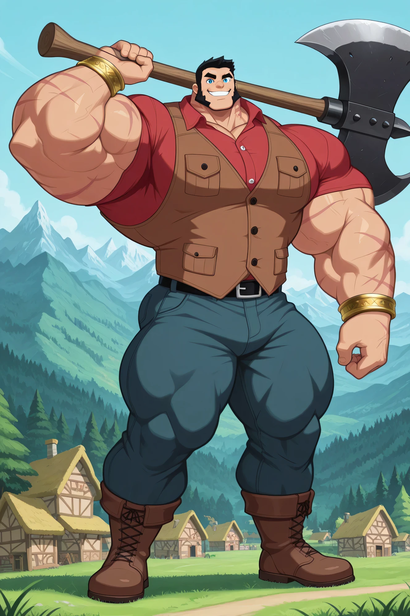 A Giant strong muscular lumberjack paul bunyan man, humanoid creature, cartoon 2d style, giant size, macro size, 50-foot size, 100 feet tall, full body, muscular body, village and forest background, Masterpiece, best quality, high quality, detailed, male, solo male, 1boy, broad shoulders, mature male, blue eyes, athletic build, muscular male, black eyebrows, muscular body, big eyebrows, gigantic chin, black hair, no beard, red shirt, brown vest, round snout, full body, dark blue pants, gold and black belt, biggest brown bracelets, long legs, big feets, biggest wrestler brown boots, outdoors, looking at viewer, smiling, macro size, giant size, blue sky background, holding a big massive gigantic large axe, village and forest and castle background, mountains behind, tiny trees, grass, fairytale fantasy scene, saturaded colors, 50-foot size, macro size, giant size, 100 feet tall, giant strong muscular lumberjack man, scars on the body and his face, tattoos, powerful smile expression.