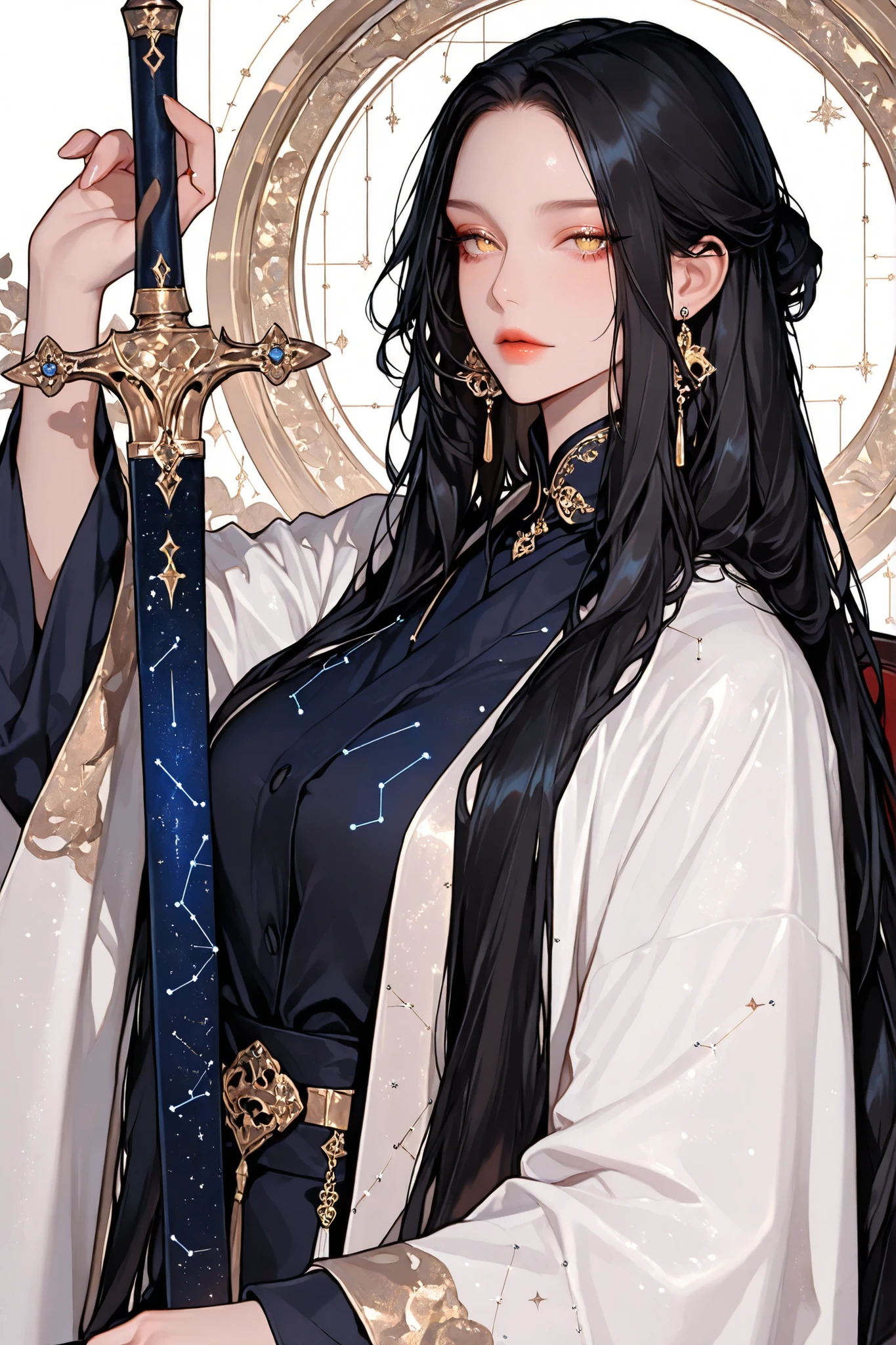 (Masterpiece Level:1.2, Highest Quality),
(Meticulously Detailed CG, Ultra-Detailed),
(Extremely Detailed and Beautiful:1.1), (Perfect detail:1.1),
Solo, Only one girl, elegant female posture,
very long hair, black hair, no bangs:1.2, forehead, gold eyes, beautiful and delicate eyes, white open robe with wide sleeves, constellation, long gold earrings, navy formal shirt, shiny, sword, constellation on sword:1.3, professor, holding a sword, look at viewer