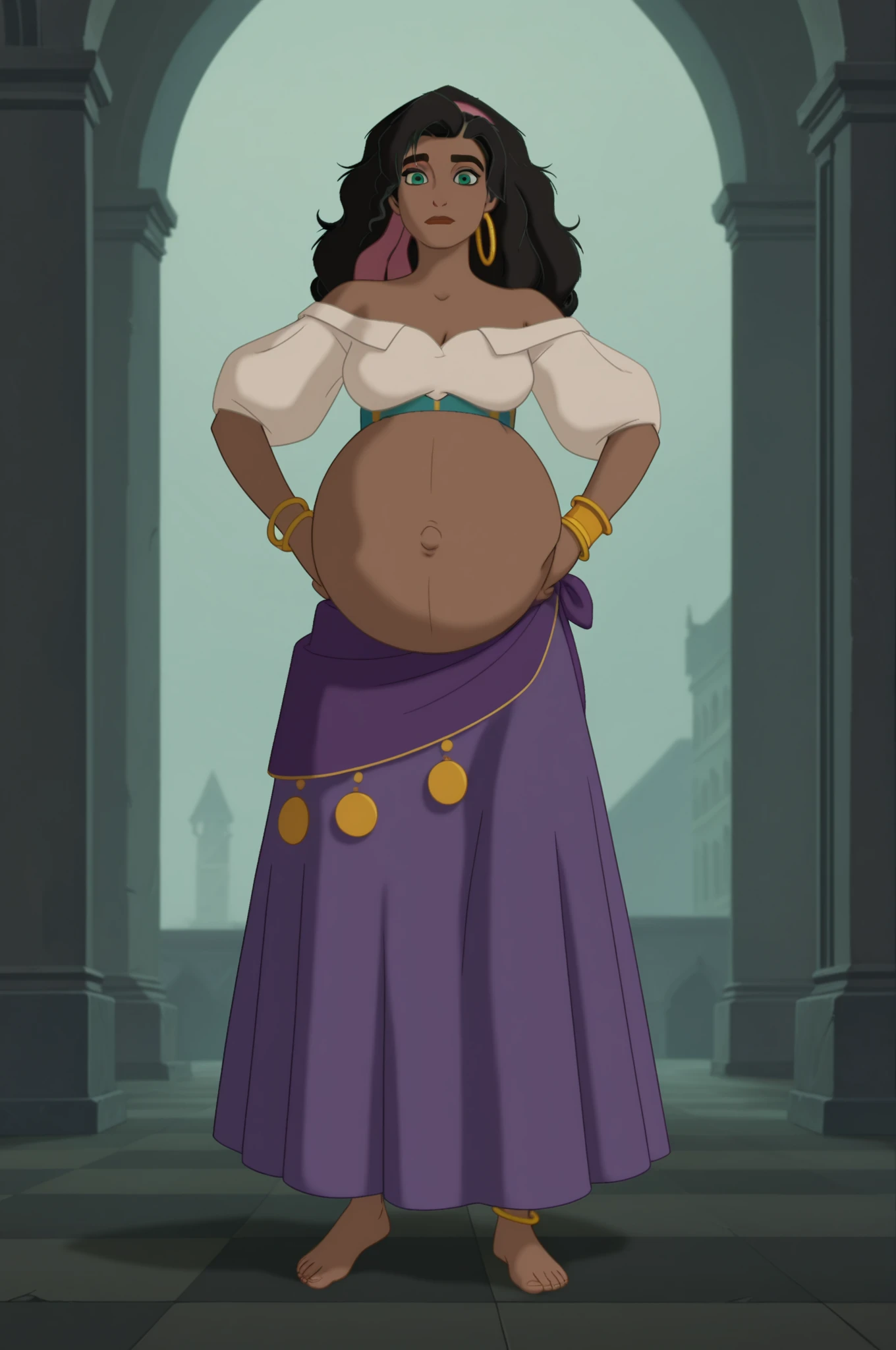 a pregnant dark-skinned woman, detailed face, beautiful eyes, full lips, dramatic expression, heavy belly, portrait, oil painting, dramatic lighting, chiaroscuro, Renaissance art style, muted colors, cinematic, epic