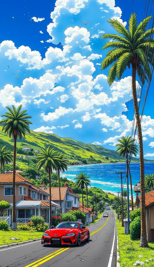 A beautiful coastal area, many tropical flowers, sand, blue vast Ocean, sky, clouds , lush greenery, sunny weather, bright daylight, 
 glistening, Tsutomu Nihei style, beautiful colors, Manga nib pen style, nature, highly detailed, light, sparkle, glistening atmosphere