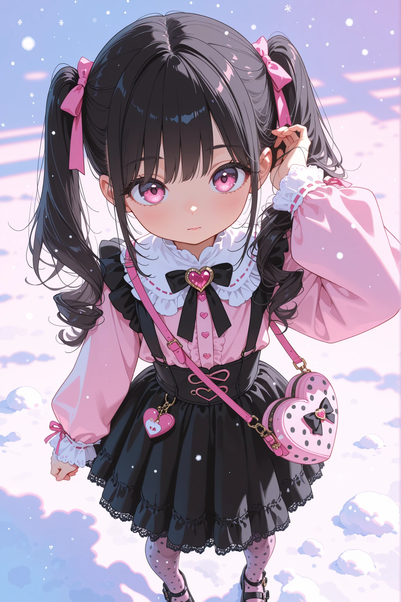  girl, long hair, black hair, extremely voluminous hair, half twintails, pink eyes, Pink long-sleeve blouse with ruffle-trimmed cuffs and high ruffle collar, front adorned with black lace trim and a large black bow featuring a heart-shaped rhinestone brooch; black peplum corset belt with pink ribbon lace-up details at front, adjustable suspender straps over shoulders; black high-waisted tiered mini skirt with subtle ruffle hem beneath peplum belt; sheer black polka-dot tights; black croc-embossed structured handbag with heart charm (optional accessory); proposed black platform Mary Jane shoes, overly long sleeves , hand in own hair, child, headshot, intense closeup shot, star and snow, pastel colors, Saturated shadows, soft shading, blurred lines, low contrast, saturated details, low detail,