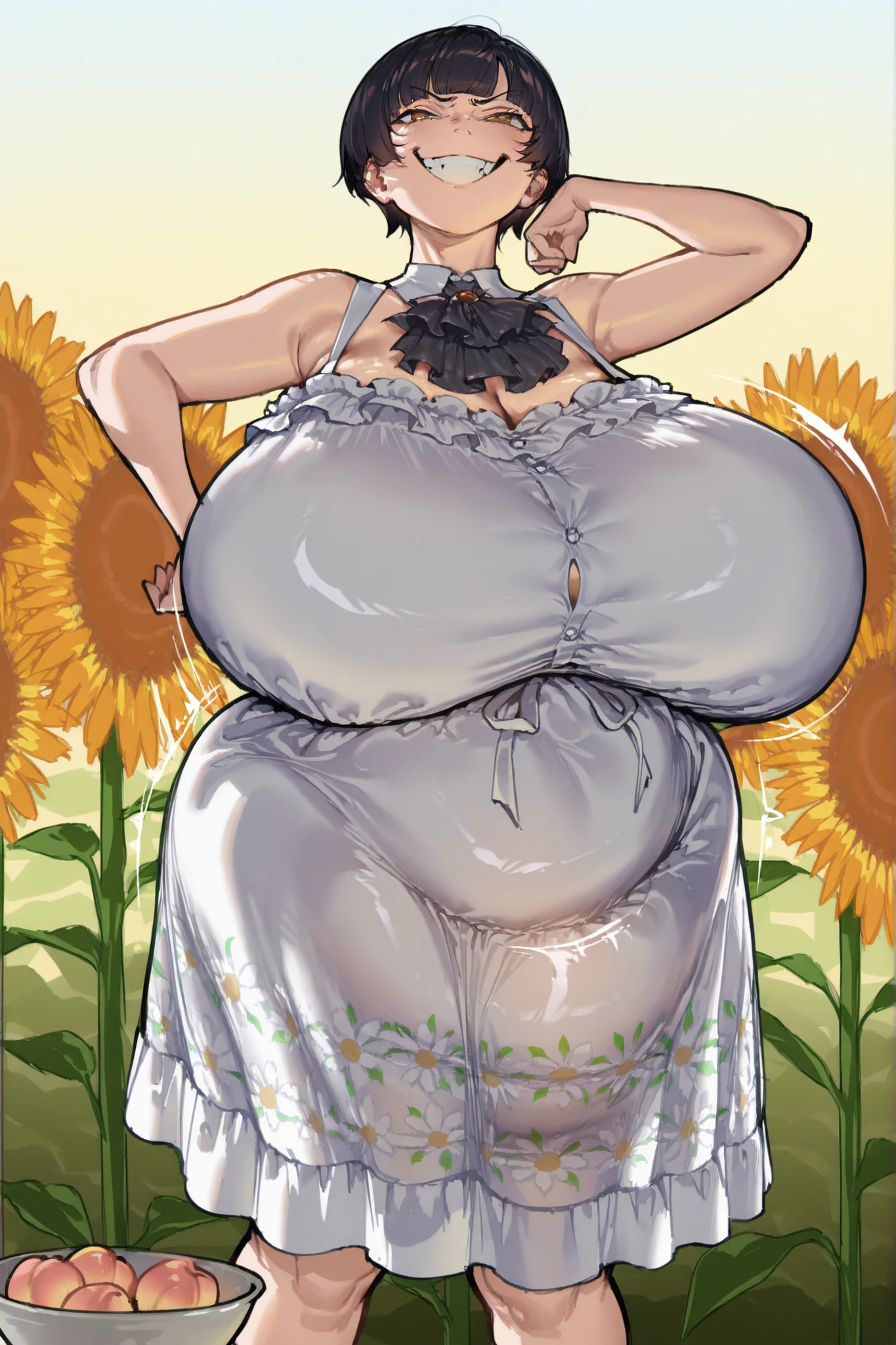 1girl,solo,outdoor, standing, (covered sfw breasts:1.2) (in a field of sunflowers) (floral sundress:1.1), (dynamic smug pose:1.1) (smug emotions:1.1) (gigantic sagging breasts:1.2),hair in her face, dark hair, (bowl cut hair) () shiny dark hair, peach colored ascot, () () (subtle belly:1.2), (crooked teeth)