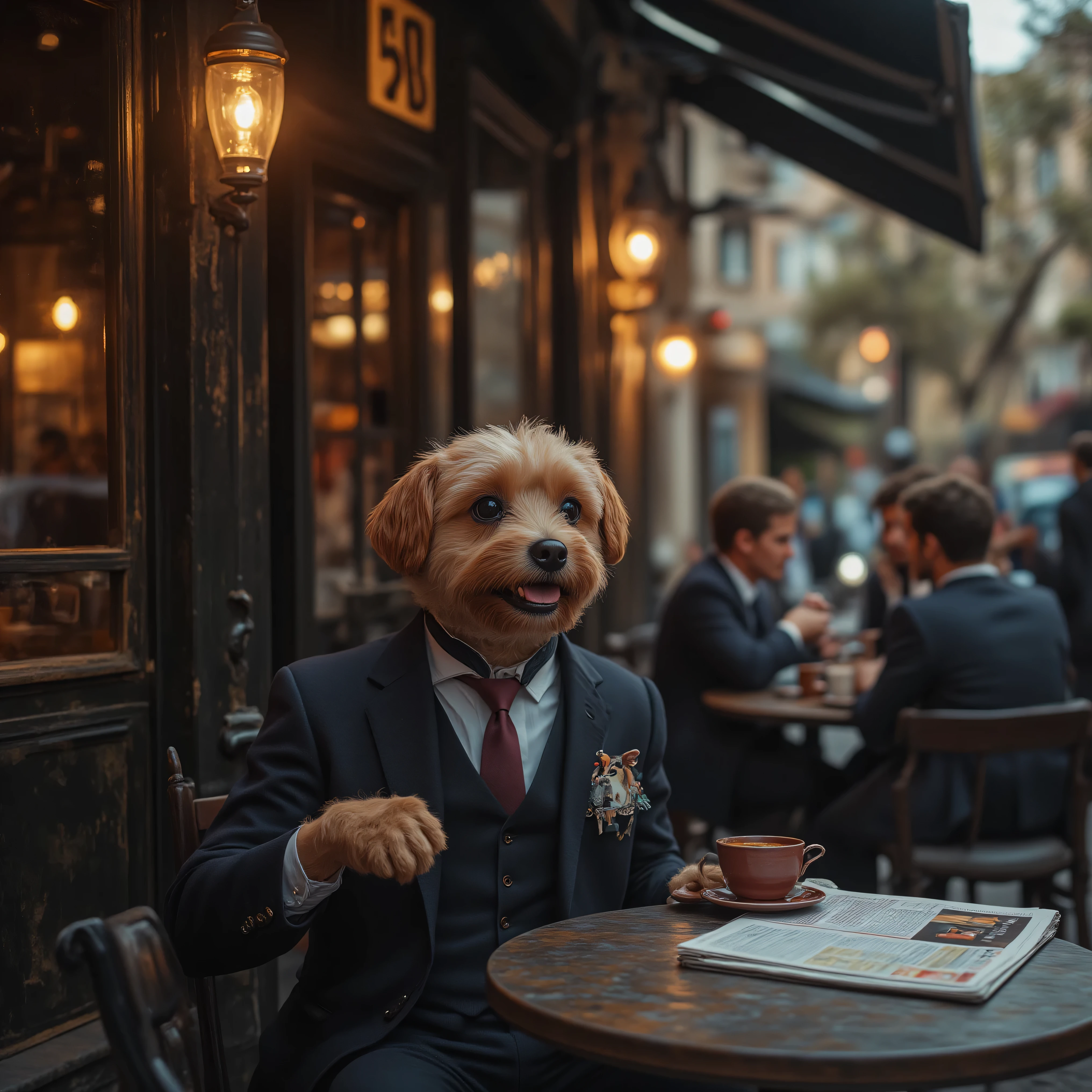 A dog wearing a suit and tie sits outside a restaurant at a table alone, drinking coffee, with a newspaper open on his table. He is talking to a group of people at another table. They all seem to be engaged in pleasant conversation together. All is completely normal except for the fact that the dog in a suit is a dog in a suit, drinking coffee, reading a newspaper,  and engaged in lively conversation.  Ultra realistic vision, photorealistic, cinematic photography, cinematic lighting and shading, cinematography, ultra-detailed, 3D rendered realism, UHDR, high-res, startling presence, icon style, iconic characters, professional masterpiece. 