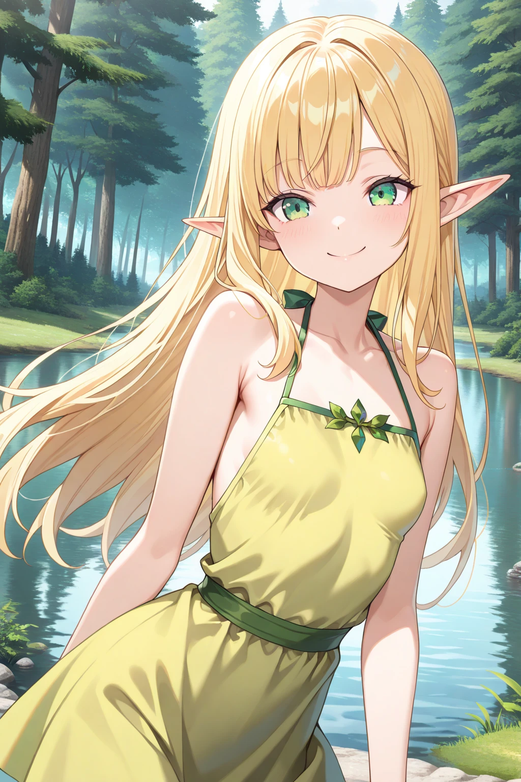 elf girl, short hair, medium , forest background, sitting on log (tocon) White dress, dress that shows your shoulders, shy expression