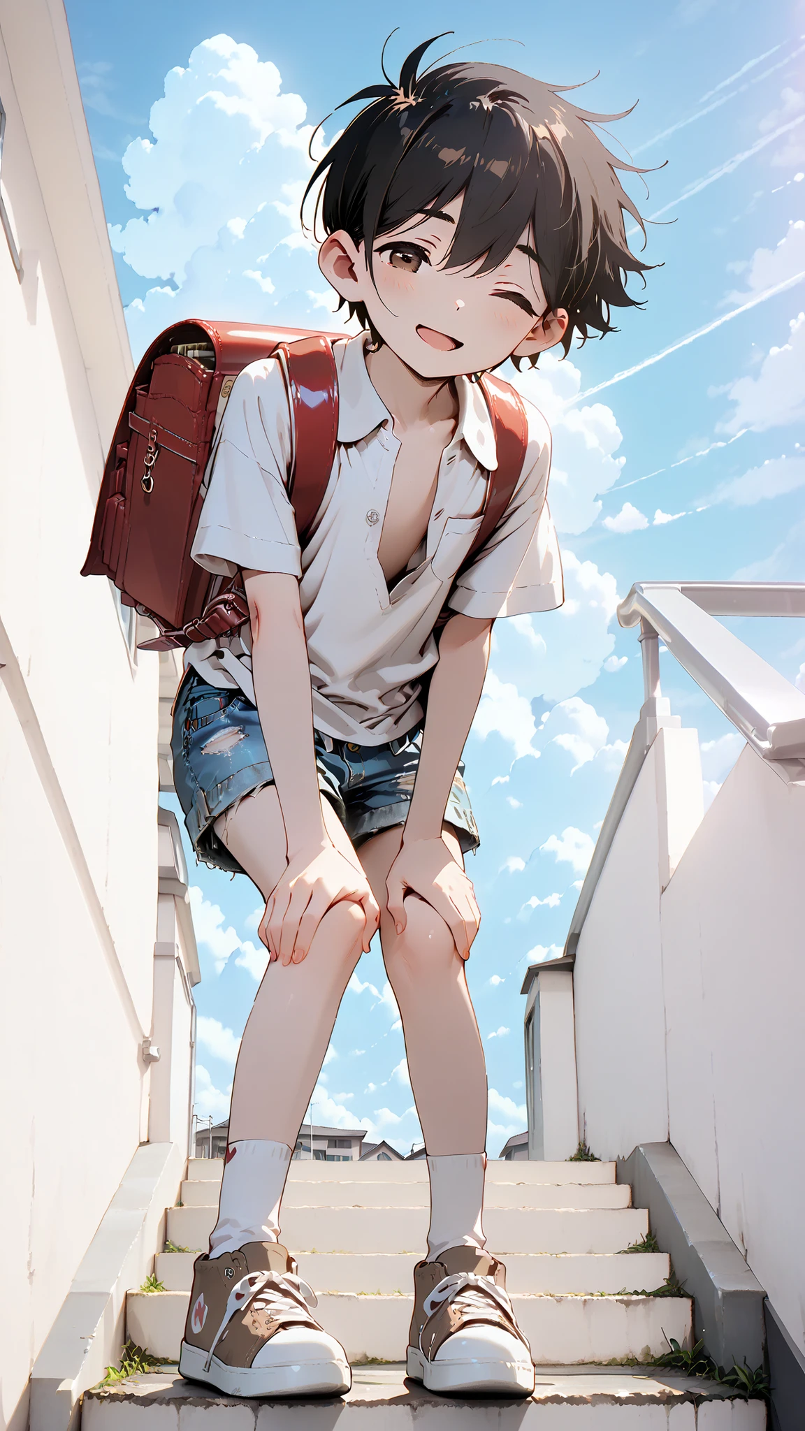 (Masterpiece: 1.2), 4k, (Top Quality, High Resolution, High Detail), 1 Boy, Solo, ((Omori Sunny)), (Young Boy), ((Elementary School Student)), ((Randoseru)), Short Shiny Black Hair, Hair Blowing in the Wind, (Large, Detailed Brown Eyes, Winking), Open Mouth, Smile, (Unbuttoned Loose Short Sleeve Shirt), (Short, Fitted, Faded Denim Shorts), Socks, Sneakers, Clouds, Blue Sky, Very, Very Beautiful, (Cinematic Lighting), Full Color, (Perfect Lighting), (Looking at Viewer), ((Leans Forward with One Hand on Knee)), Character Focus, (Frontal View, Low Angle, Full Body Shot), Perfect Anatomy, Detailed and Beautiful Background, Perfect Light and Shadow, Background is a school staircase with a view of the blue sky and the school building.