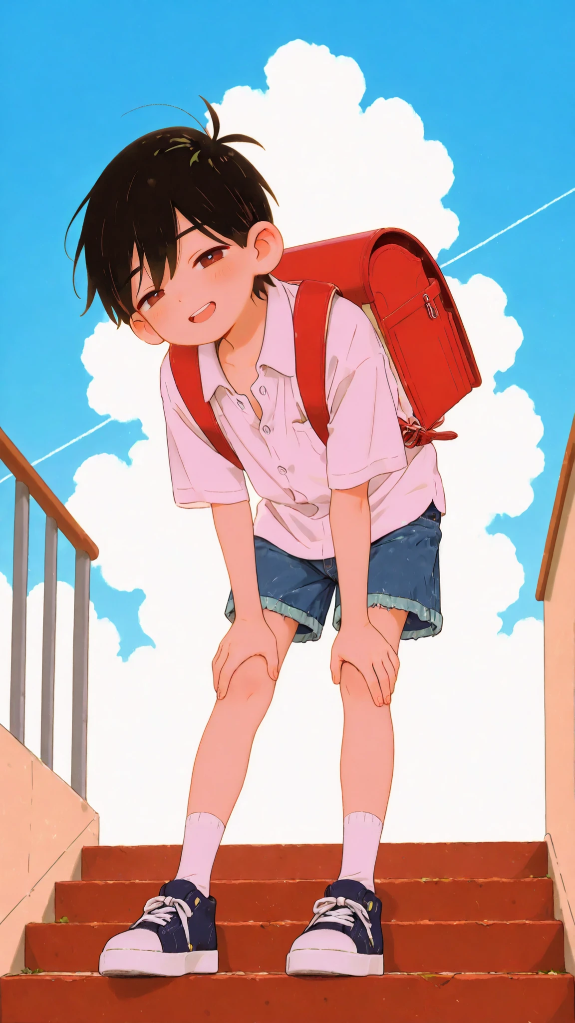 (Masterpiece: 1.2), 4k, (Top Quality, High Resolution, High Detail), 1 Boy, Solo, ((Omori Sunny)), (Young Boy), ((Elementary School Student)), ((Randoseru)), Short Shiny Black Hair, Hair Blowing in the Wind, (Large, Detailed Brown Eyes, Winking), Open Mouth, Smile, (Unbuttoned Loose Short Sleeve Shirt), (Short, Fitted, Faded Denim Shorts), Socks, Sneakers, Clouds, Blue Sky, Very, Very Beautiful, (Cinematic Lighting), Full Color, (Perfect Lighting), (Looking at Viewer), ((Leans Forward with One Hand on Knee)), Character Focus, (Frontal View, Low Angle, Full Body Shot), Perfect Anatomy, Detailed and Beautiful Background, Perfect Light and Shadow, Background is a school staircase with a view of the blue sky and the school building.