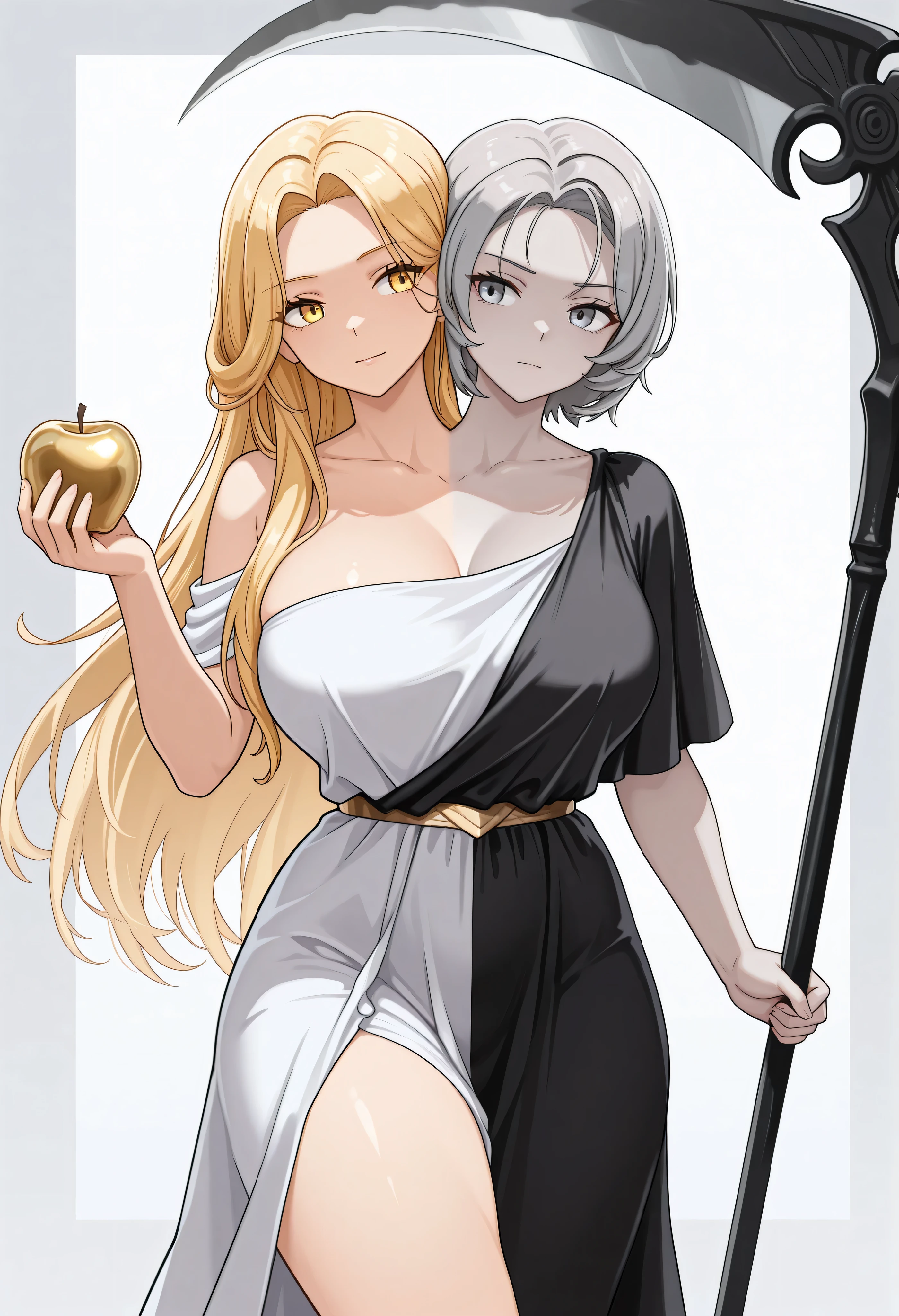 conjoined, 2girls, 2heads, two heads, a tall thin girls with 2 heads, blonde hair, blonde long hair, yellow eyes, grey hair, grey short hair, grey eyes, large breasts, white dress, black dress, ancient greek clothes, greco roman clothes, two tone dress, goddess, reaper, holding a gold apple, holding a Scythe, front shots, thighs, 