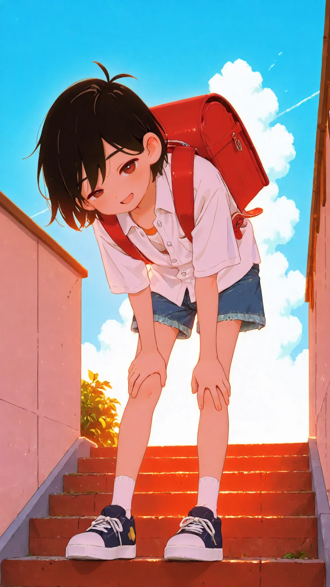 (Masterpiece: 1.2), 4k, (Top Quality, High Resolution, High Detail), 1 Boy, Solo, ((Omori Sunny)), (Young Boy), ((Elementary School Student)), ((Randoseru)), Short Shiny Black Hair, Hair Blowing in the Wind, (Large, Detailed Brown Eyes, Winking), Open Mouth, Smile, (Unbuttoned Loose Short Sleeve Shirt), (Short, Fitted, Faded Denim Shorts), Socks, Sneakers, Clouds, Blue Sky, Very, Very Beautiful, (Cinematic Lighting), Full Color, (Perfect Lighting), (Looking at Viewer), ((Leans Forward with One Hand on Knee)), Character Focus, (Frontal View, Low Angle, Full Body Shot), Perfect Anatomy, Detailed and Beautiful Background, Perfect Light and Shadow, Background is a school staircase with a view of the blue sky and the school building.