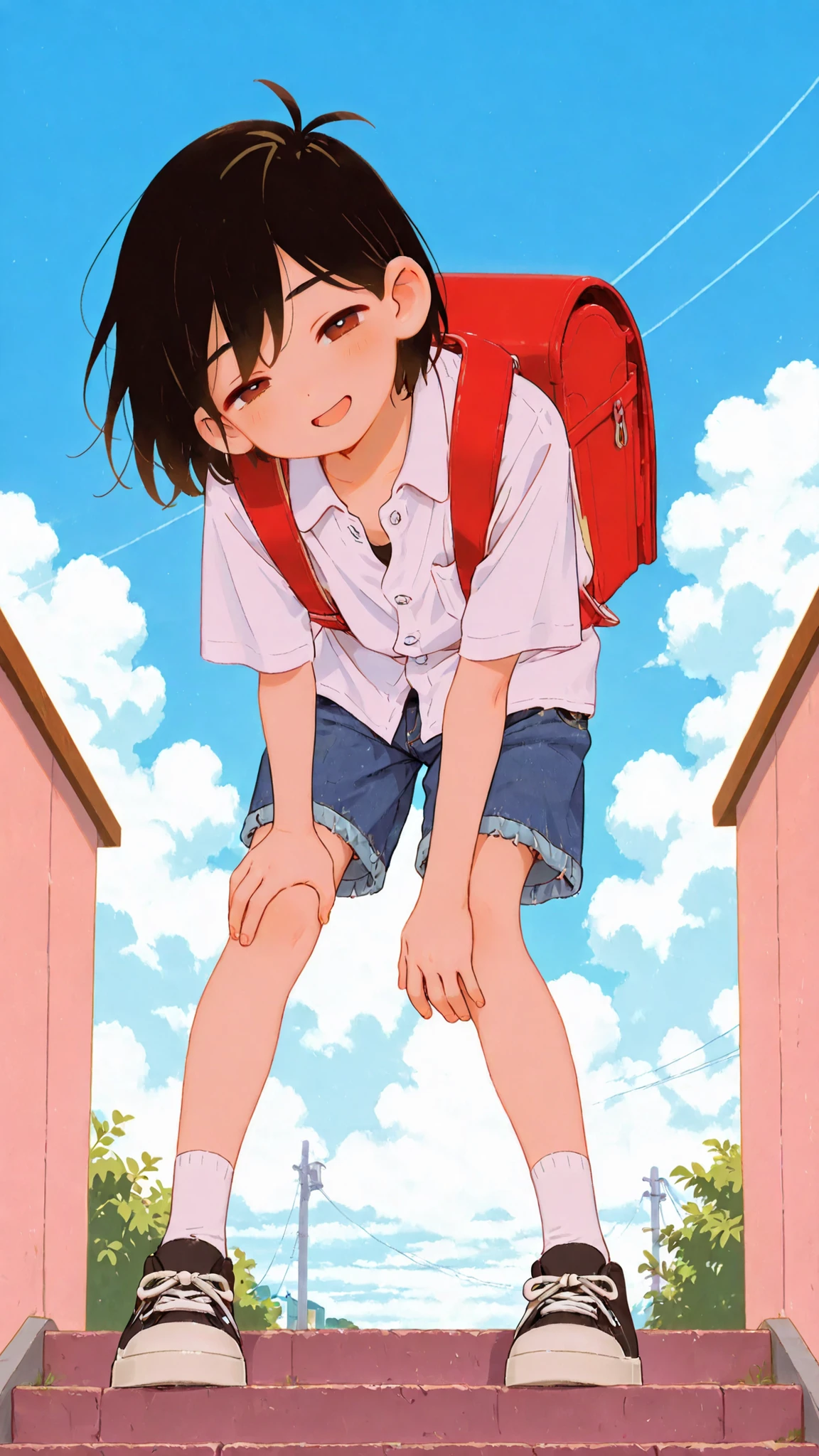(Masterpiece: 1.2), 4k, (Top Quality, High Resolution, High Detail), 1 Boy, Solo, ((Omori Sunny)), (Young Boy), ((Elementary School Student)), ((Randoseru)), Short Shiny Black Hair, Hair Blowing in the Wind, (Large, Detailed Brown Eyes, Winking), Open Mouth, Smile, (Unbuttoned Loose Short Sleeve Shirt), (Short, Fitted, Faded Denim Shorts), Socks, Sneakers, Clouds, Blue Sky, Very, Very Beautiful, (Cinematic Lighting), Full Color, (Perfect Lighting), (Looking at Viewer), ((Leans Forward with One Hand on Knee)), Character Focus, (Frontal View, Low Angle, Full Body Shot), Perfect Anatomy, Detailed and Beautiful Background, Perfect Light and Shadow, Background is a school staircase with a view of the blue sky and the school building.