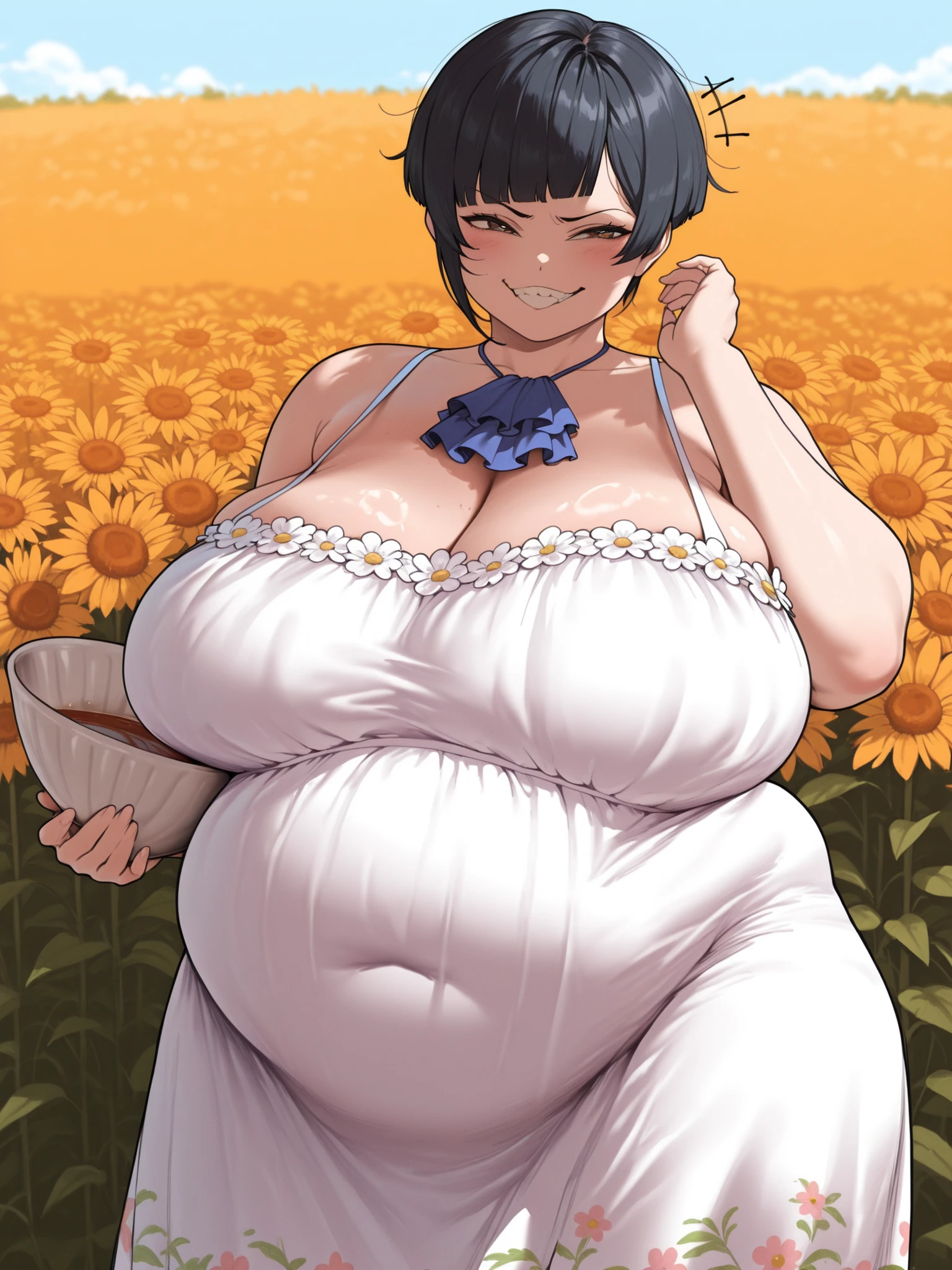 1girl,solo,smile,outdoor, (no cleavage:1.1) (from behind:1.1), (in a field of sunflowers) (floral sundress), (sidewinders), (smug expression, smug emotions:1.1) ,hair in her face, dark hair, (bowl cut hair:1.2) (chubby, plump belly) shiny dark hair, peach colored ascot, (breast silhouette), (sidewinder) (gigantic long saggy breasts) (long white dress sundress), (fat face:1.2) (crooked teeth) (covered sfw breasts:1.2)