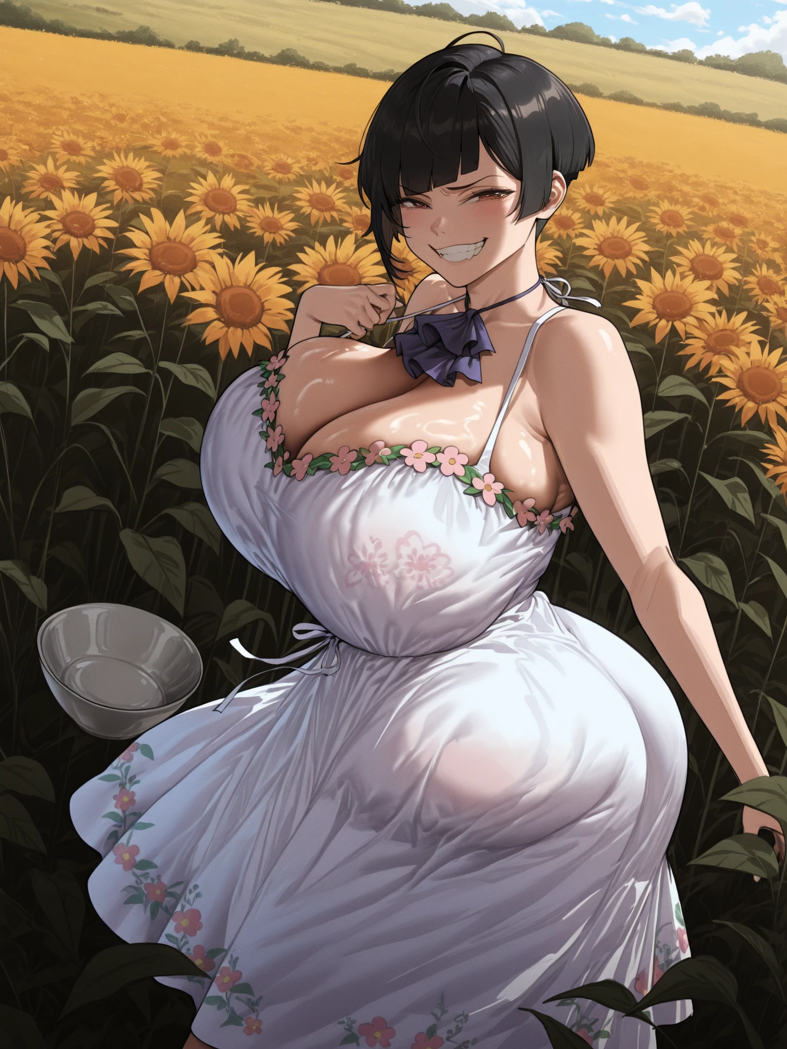 1girl,solo,smile,outdoor, (no cleavage:1.1) (from behind:1.1), (in a field of sunflowers) (floral sundress), (sidewinders), (smug expression, smug emotions:1.1) ,hair in her face, dark hair, (bowl cut hair:1.2) shiny dark hair, peach colored ascot, (breast silhouette), (sidewinder) (gigantic sagging breasts:1.1) (long white dress sundress), () (crooked teeth) (covered sfw breasts:1.2)