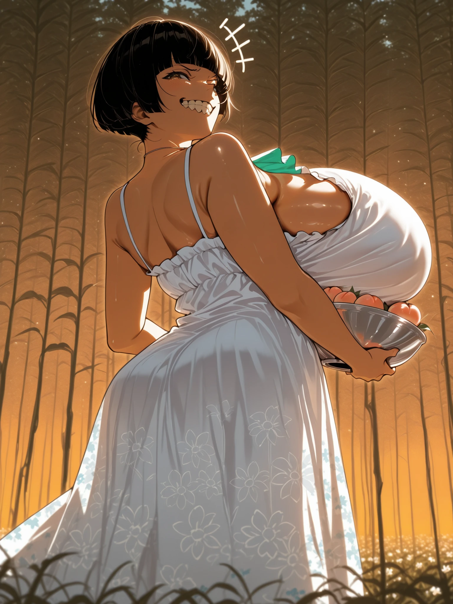 1girl,solo,smile,outdoor, () (from behind:1.1), (in a field of sunflowers) (floral sundress), (sidewinders), (smug expression, smug emotions:1.1) ,hair in her face, dark hair, (bowl cut hair:1.2) shiny dark hair, peach colored ascot, (breast silhouette), (sidewinder) (gigantic sagging breasts:1.1) (long white dress sundress), () (crooked teeth) (covered sfw breasts:1.2)