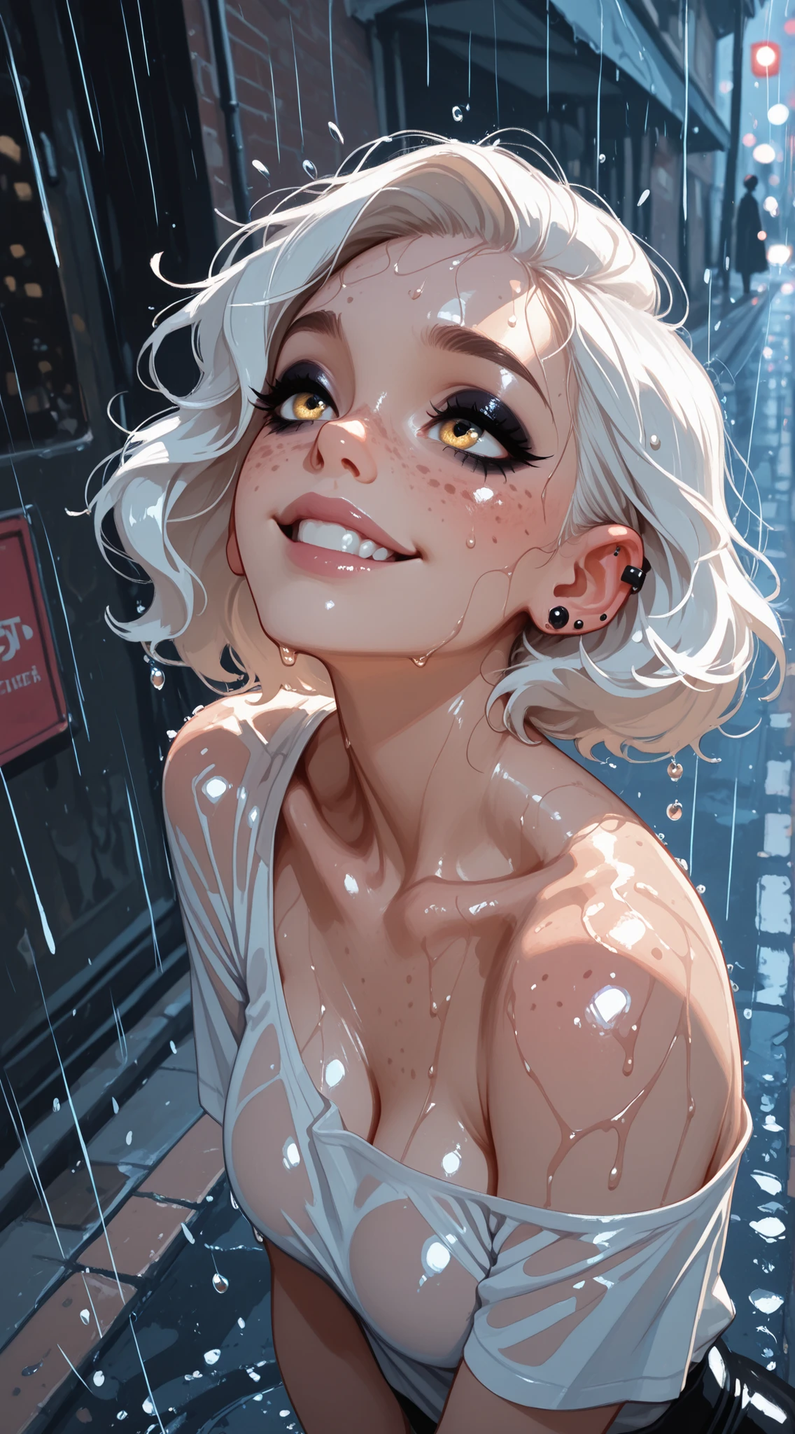 masterpiece, the best quality, good quality, muy estético, extremely high resolution, newest, 8K, focused subject , 1girl, Alone, white hair, short hair , wavy hair , very short hair on one side , freckles on the face , very shiny golden eyes, gothic makeup, ear piercings , , medium breasts , seductive face, perfect anatomy, looking at the spectator, Very close view , Close-up, happy, searching for, angle from above, wet drip, raindrops on the face, bare shoulders wet t-shirt, street, it's raining,
