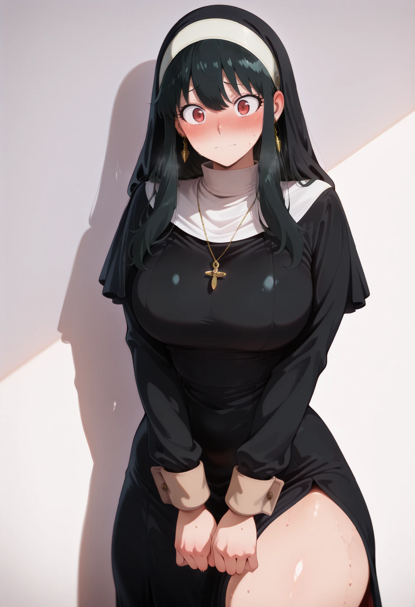 score_9, score_8_up, score_7_up, score_6_up, score_5_up, score_4_up, masterpiece, high quality, yor briar, black hair, red eyes, earrings, white hairband, hairband, long hair, sidelocks, large breasts, shiny skin, shiny hair, shiny body, clear body, large breasts, nose blush, sweat, sweaty, sweaty:1.3,, standing, nice legs,, looking at viewer, thick thigh, thick thighs, nice face, solo, opaque clothes, cowboy shot, nice legs, DYNAMIC POse, , solo, large breasts, thick thigh, dynamic pose, ,,,, LOOKING AT VIEWER, WHITE BACKGROUND, EMPTY BACKGROUND, soft smile,, DYNAMIC POSE, wearing a tight black nun habit, white collar and cuffs, large golden cross necklace, long wavy hair peeking out from under veil, standing against a pale wall casting shadow, hands clutched nervously in front of her lower body, shy embarrassed facial expression, blushing cheeks