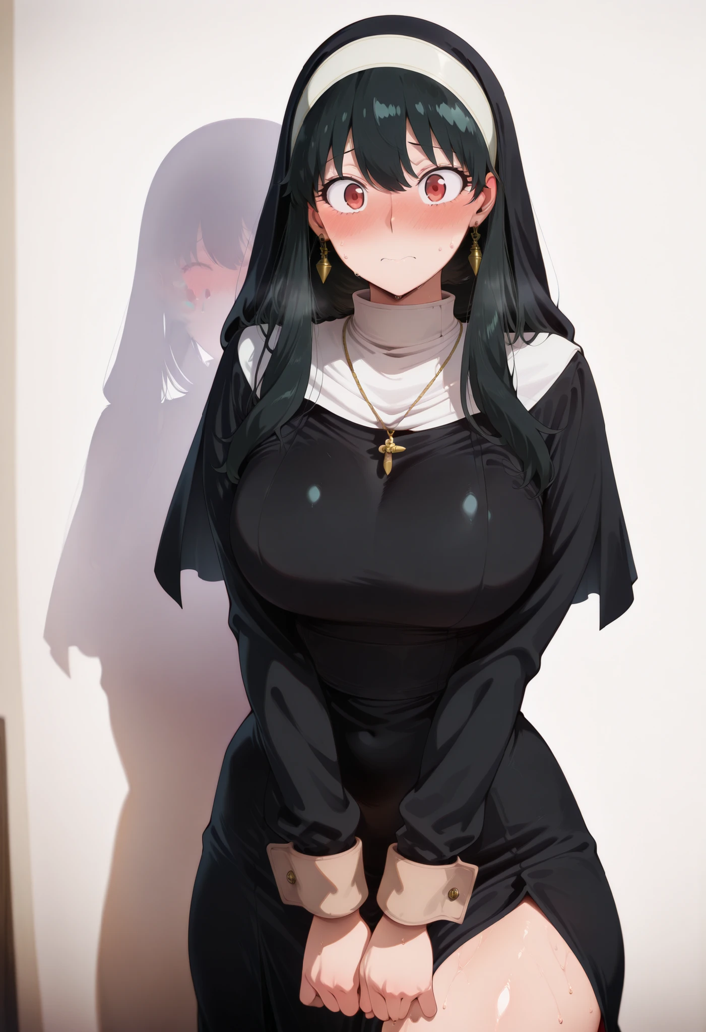 score_9, score_8_up, score_7_up, score_6_up, score_5_up, score_4_up, masterpiece, high quality, yor briar, black hair, red eyes, earrings, white hairband, hairband, long hair, sidelocks, large breasts, shiny skin, shiny hair, shiny body, clear body, large breasts, nose blush, sweat, sweaty, sweaty:1.3,, standing, nice legs,, looking at viewer, thick thigh, thick thighs, nice face, solo, opaque clothes, cowboy shot, nice legs, DYNAMIC POse, , solo, large breasts, thick thigh, dynamic pose, ,,,, LOOKING AT VIEWER, WHITE BACKGROUND, EMPTY BACKGROUND, soft smile,, DYNAMIC POSE, wearing a tight black nun habit, white collar and cuffs, large golden cross necklace, long wavy hair peeking out from under veil, standing against a pale wall casting shadow, hands clutched nervously in front of her lower body, shy embarrassed facial expression, blushing cheeks