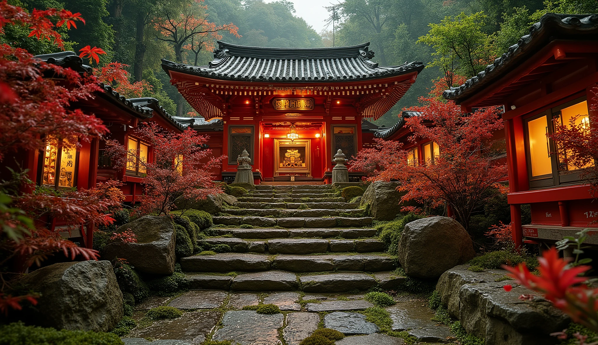 (A vermilion Japanese temple appears after climbing the old mossy stone steps:1.5),(A magnificent old shrine appears after climbing the mossy stone steps:1.5), (A beautiful world of sunsets:1.5),A mysterious world),fantastic atmosphere,A fox fire is lit in front of the shrine,(All the stone lanterns are lit:1.5),(The bright red flowers of the red spider lilies secretly blooming around the stone lantern:1.5),(The bright red flowers of the Manjushita Higanbana in full bloom:1.5),(A beautiful world of sunsets:1.5),(The bright red flowers of the red spider lilies secretly blooming around the stone lantern:1.5)