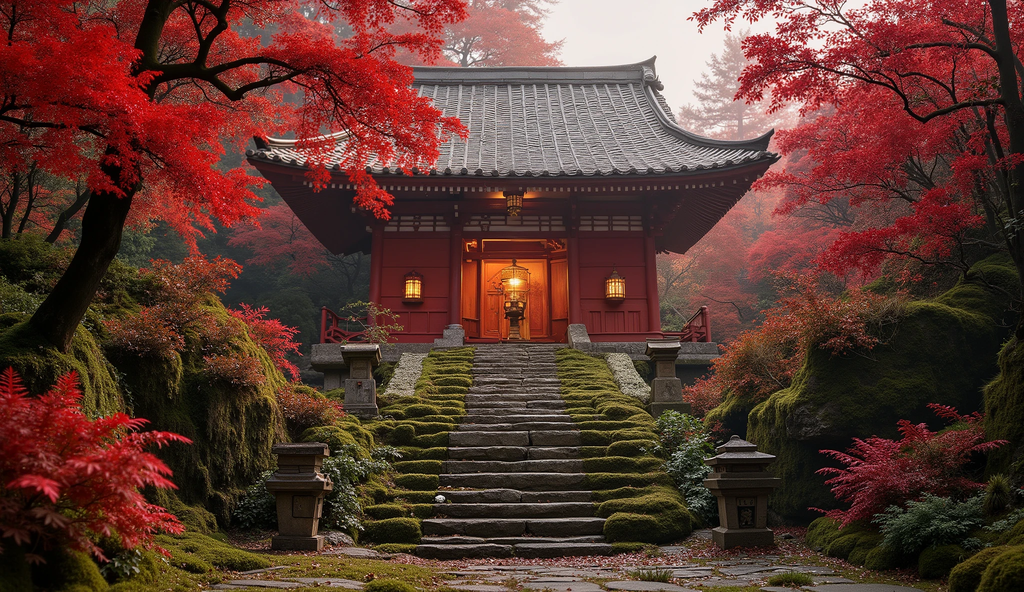 (A vermilion Japanese temple appears after climbing the old mossy stone steps:1.5),(A magnificent old shrine appears after climbing the mossy stone steps:1.5), (A beautiful world of sunsets:1.5),A mysterious world),fantastic atmosphere,A fox fire is lit in front of the shrine,(All the stone lanterns are lit:1.5),(The bright red flowers of the red spider lilies secretly blooming around the stone lantern:1.5),(The bright red flowers of the Manjushita Higanbana in full bloom:1.5),(A beautiful world of sunsets:1.5),(The bright red flowers of the red spider lilies secretly blooming around the stone lantern:1.5)
