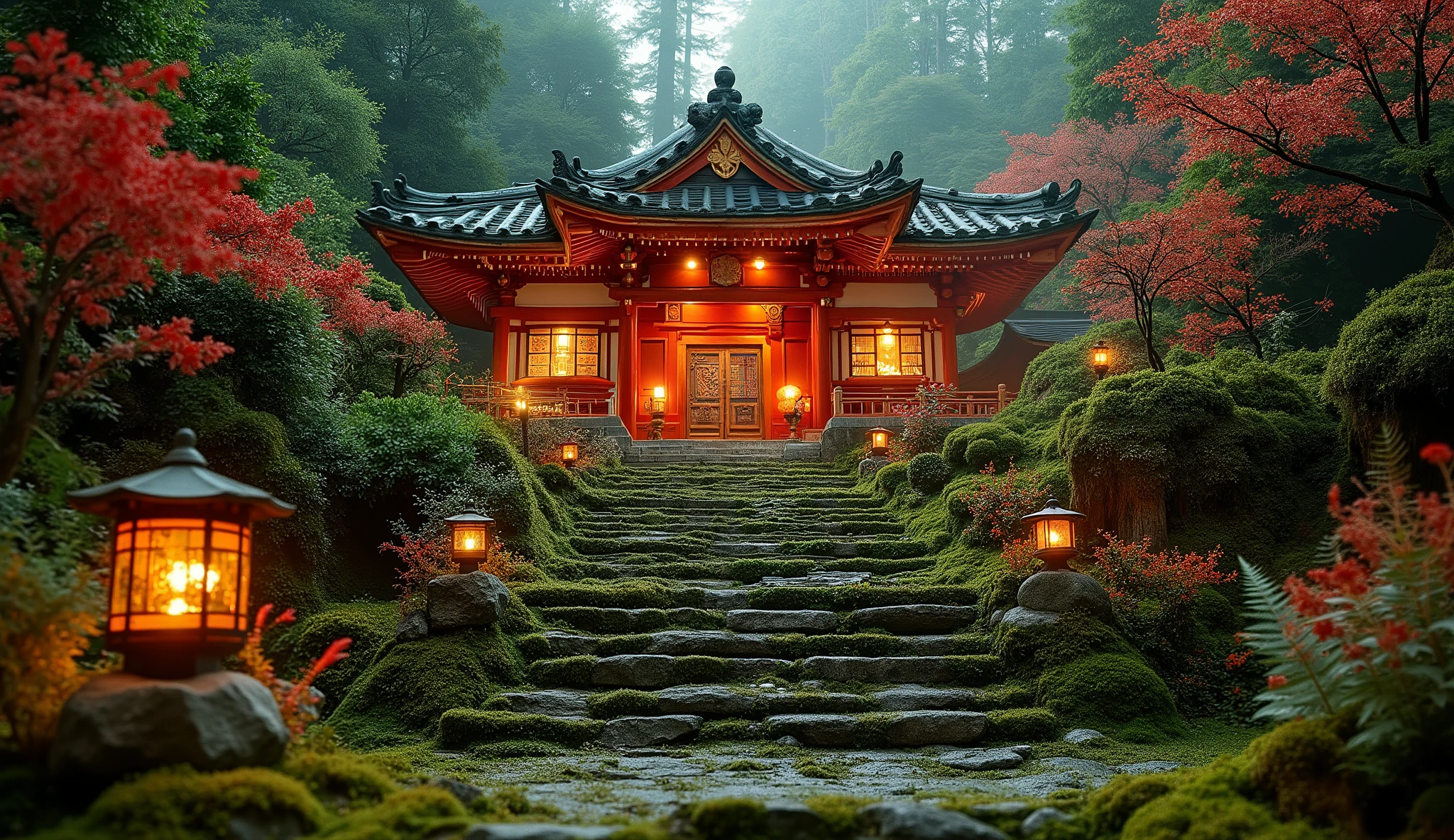 (A vermilion Japanese temple appears after climbing the old mossy stone steps:1.5),(A magnificent old shrine appears after climbing the mossy stone steps:1.5), (A beautiful world of sunsets:1.5),A mysterious world),fantastic atmosphere,A fox fire is lit in front of the shrine,(All the stone lanterns are lit:1.5),(The bright red flowers of the red spider lilies secretly blooming around the stone lantern:1.5),(The bright red flowers of the Manjushita Higanbana in full bloom:1.5),(A beautiful world of sunsets:1.5),(The bright red flowers of the red spider lilies secretly blooming around the stone lantern:1.5),(A bright red manju shagge secretly blooming around a stone lantern:1.5)