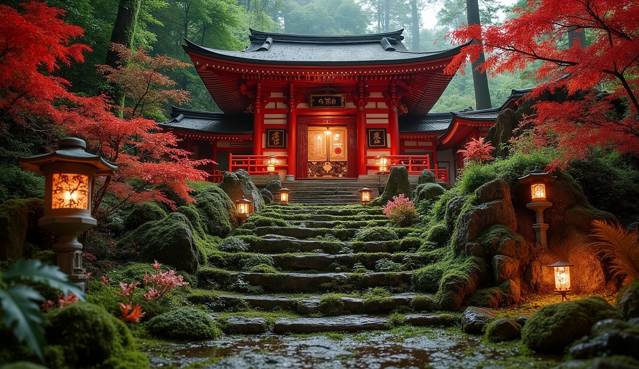(A vermilion Japanese temple appears after climbing the old mossy stone steps:1.5),(A magnificent old shrine appears after climbing the mossy stone steps:1.5), (A beautiful world of sunsets:1.5),A mysterious world),fantastic atmosphere,A fox fire is lit in front of the shrine,(All the stone lanterns are lit:1.5),(The bright red flowers of the red spider lilies secretly blooming around the stone lantern:1.5),(The bright red flowers of the Manjushita Higanbana in full bloom:1.5),(A beautiful world of sunsets:1.5),(The bright red flowers of the red spider lilies secretly blooming around the stone lantern:1.5),(A bright red manju shagge secretly blooming around a stone lantern:1.5)