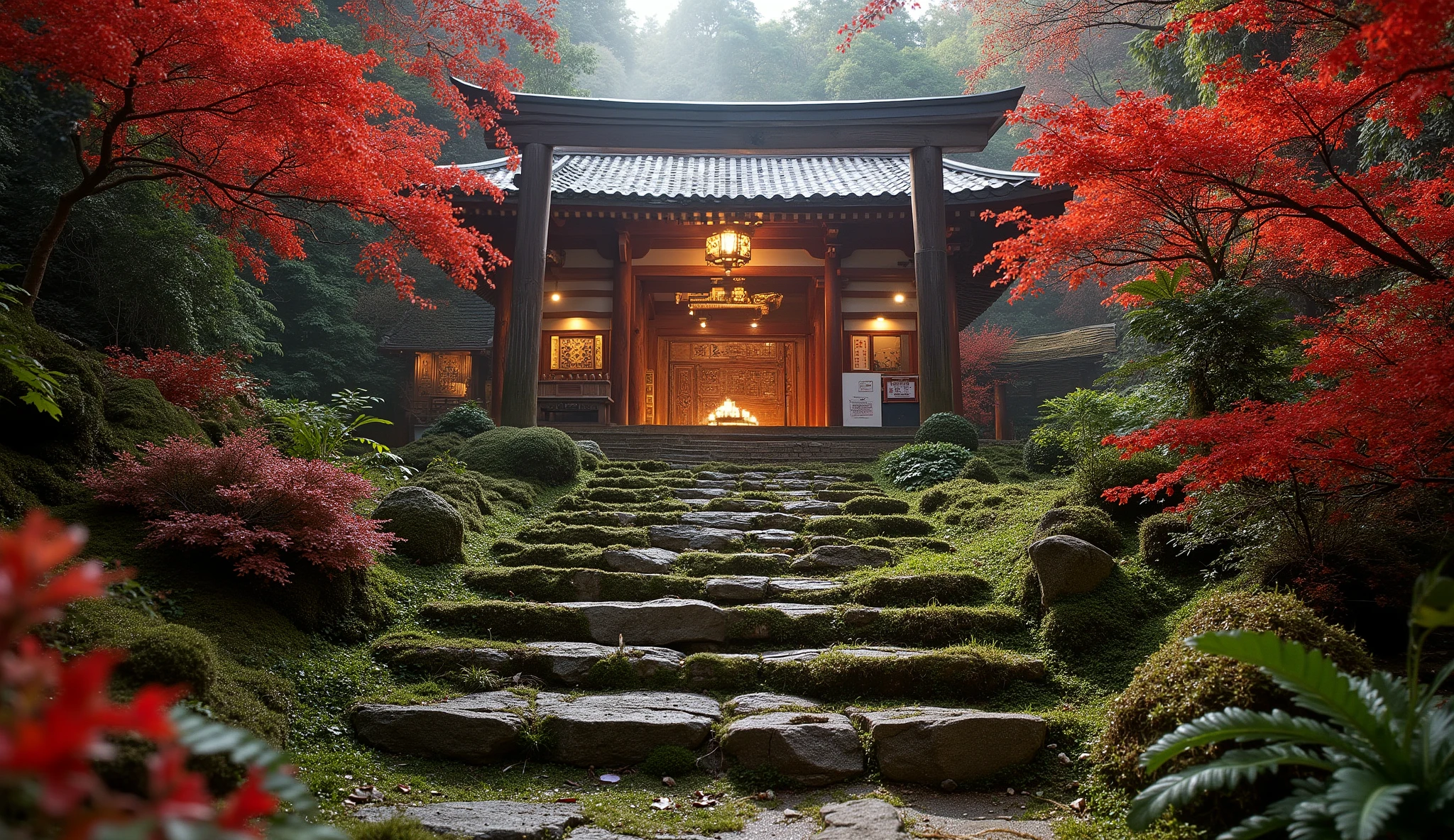 (A vermilion Japanese temple appears after climbing the old mossy stone steps:1.5),(A magnificent old shrine appears after climbing the mossy stone steps:1.5), (A beautiful world of sunsets:1.5),A mysterious world),fantastic atmosphere,A fox fire is lit in front of the shrine,(All the stone lanterns are lit:1.5),(The bright red flowers of the red spider lilies secretly blooming around the stone lantern:1.5),(The bright red flowers of the Manjushita Higanbana in full bloom:1.5),(A beautiful world of sunsets:1.5),(The bright red flowers of the red spider lilies secretly blooming around the stone lantern:1.5),(A bright red manju shagge secretly blooming around a stone lantern:1.5)