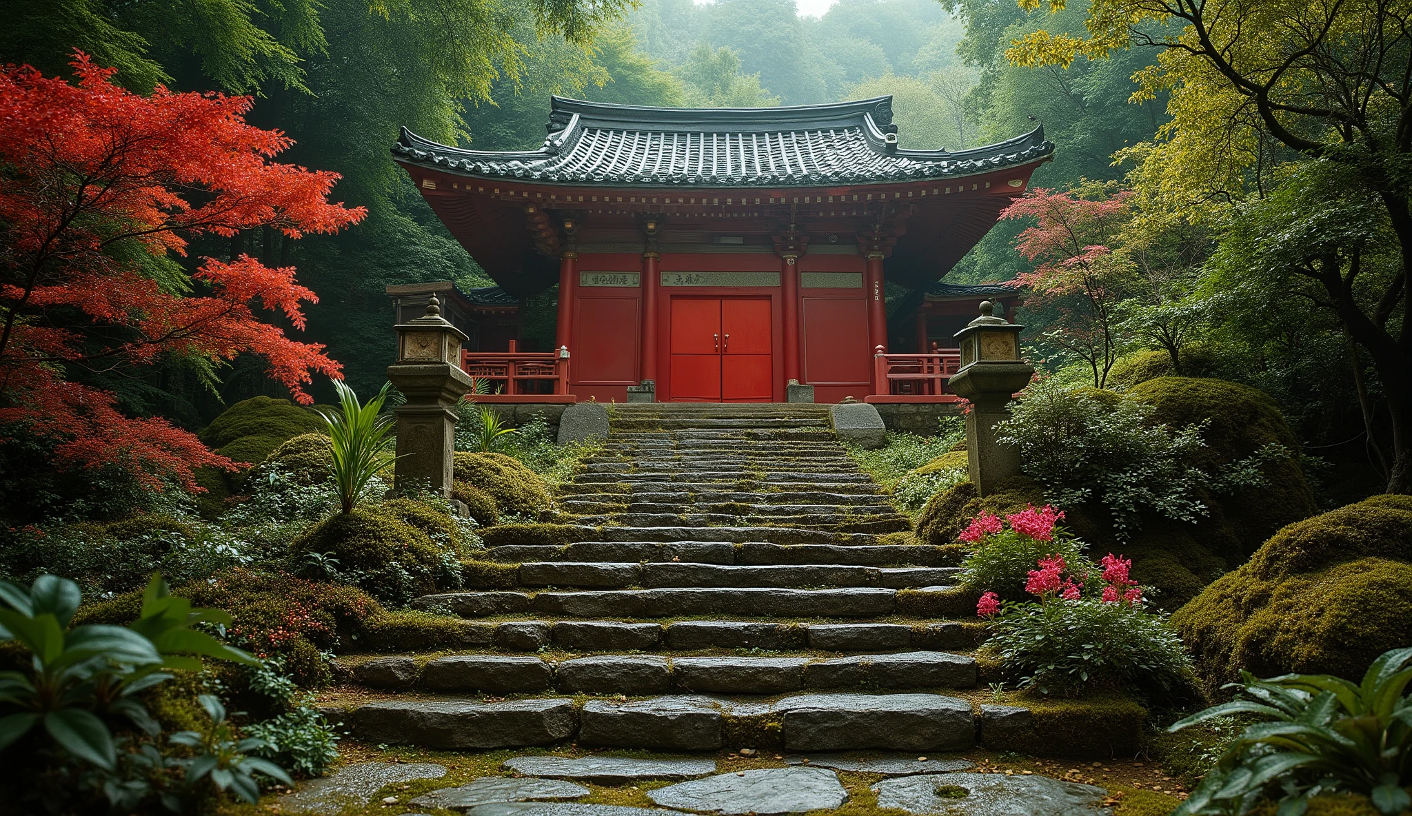 (A vermilion Japanese temple appears after climbing the old mossy stone steps:1.5),(A magnificent old shrine appears after climbing the mossy stone steps:1.5), (A beautiful world of sunsets:1.5),A mysterious world),fantastic atmosphere,A fox fire is lit in front of the shrine,(All the stone lanterns are lit:1.5),(The bright red flowers of the red spider lilies secretly blooming around the stone lantern:1.5),(The bright red flowers of the Manjushita Higanbana in full bloom:1.5),(A beautiful world of sunsets:1.5),(The bright red flowers of the red spider lilies secretly blooming around the stone lantern:1.5),(A bright red manju shagge secretly blooming around a stone lantern:1.5)