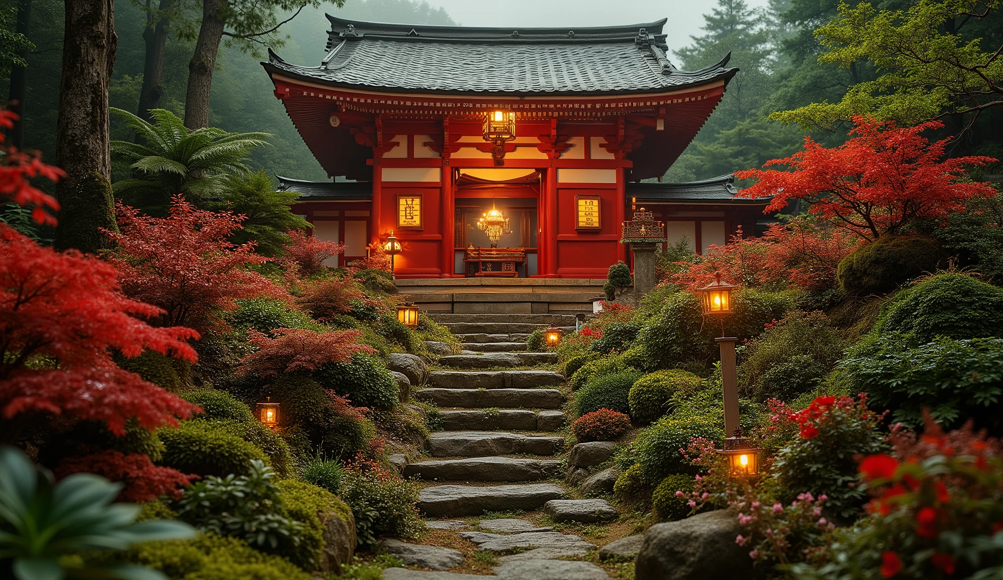 (A vermilion Japanese temple appears after climbing the old mossy stone steps:1.5),(A magnificent old shrine appears after climbing the mossy stone steps:1.5), (A beautiful world of sunsets:1.5),A mysterious world),fantastic atmosphere,A fox fire is lit in front of the shrine,(All the stone lanterns are lit:1.5),(The bright red flowers of the red spider lilies secretly blooming around the stone lantern:1.5),(The bright red flowers of the Manjushita Higanbana in full bloom:1.5),(A beautiful world of sunsets:1.5),(The bright red flowers of the red spider lilies secretly blooming around the stone lantern:1.5),(A bright red manju shagge secretly blooming around a stone lantern:1.5), lots of spider lilies blooming ,