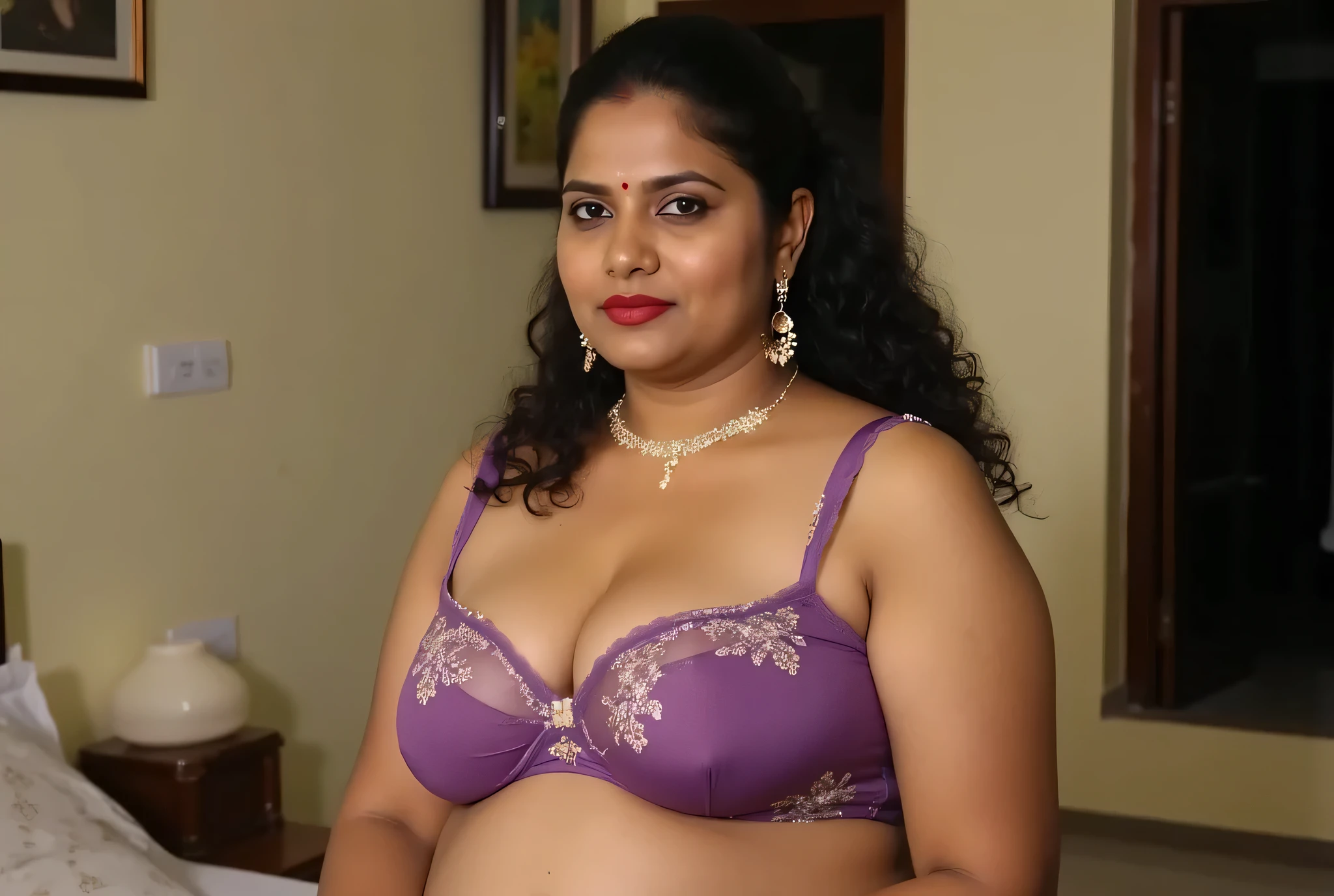 A thick voluptuous plus size and mature beautiful Bangladeshi married woman.bride. Bombshell.slightly swidewards pose of the body
sexy face.big lips glossy.nose pin.Her hair is medium curly.bhabhi. . Busty, huge boob.Black eye kajal making her eyes look bold and mean.Big cheekbones .tan skin..she wears a tight thin thong violet floral bra with thin strapsi with subtle patterns. only.Her big belly and navel visible.The image should focus on the richness of the fabric’s texture and he
r curves, the dynamic draping style, facing towards camera body slightly sidewards.Focusing on her, natural balanced light falling on her body emphasing on her curves.too view camera. Bedroom background