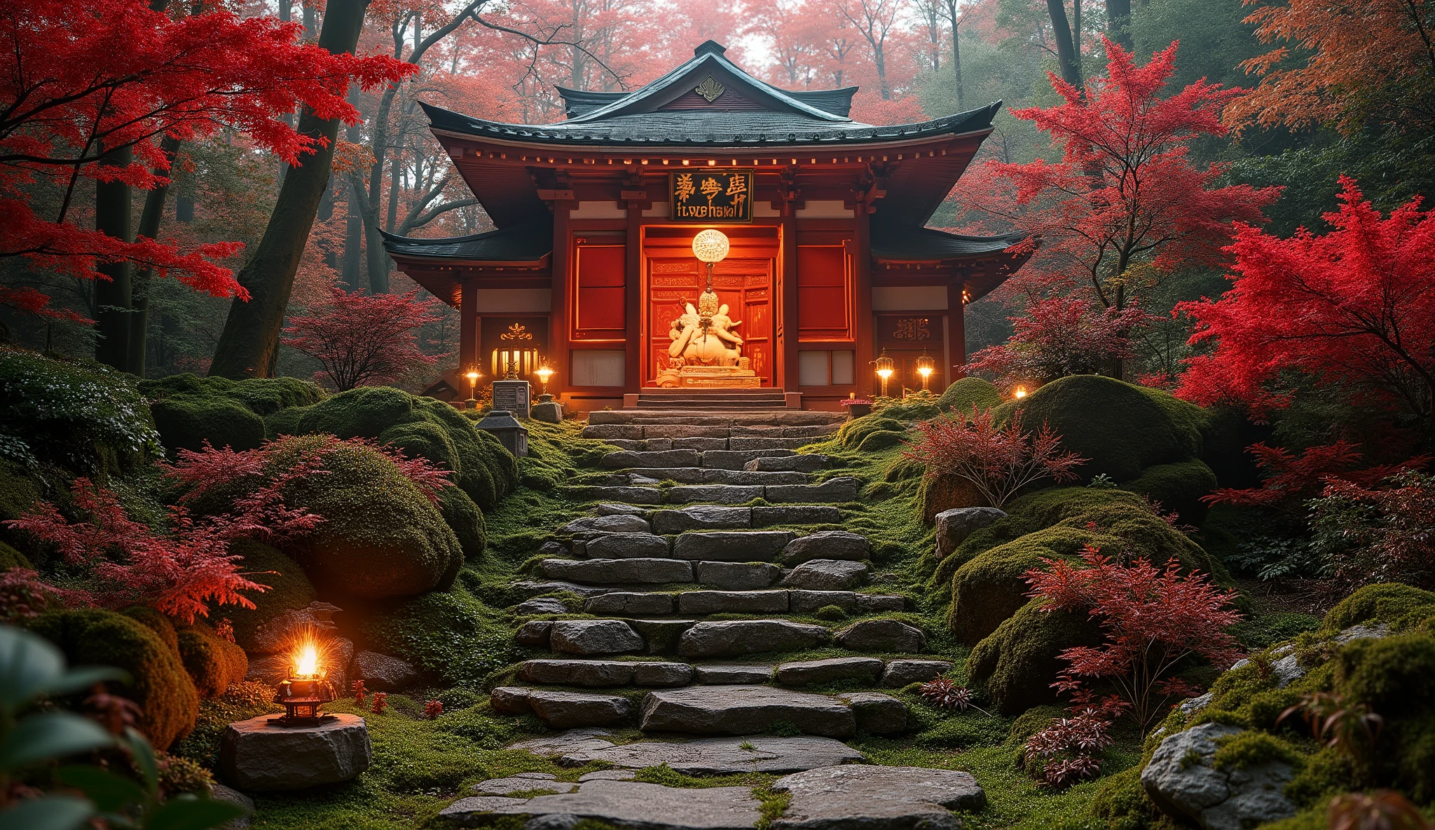 (A vermilion Japanese temple appears after climbing the old mossy stone steps:1.5),(A magnificent old shrine appears after climbing the mossy stone steps:1.5), (A beautiful world of sunsets:1.5),A mysterious world),fantastic atmosphere,A fox fire is lit in front of the shrine,(All the stone lanterns are lit:1.5),(The bright red flowers of the red spider lilies secretly blooming around the stone lantern:1.5),(The bright red flowers of the Manjushita Higanbana in full bloom:1.5),(A beautiful world of sunsets:1.5),(The bright red flowers of the red spider lilies secretly blooming around the stone lantern:1.5),(A bright red manju shagge secretly blooming around a stone lantern:1.5), lots of spider lilies blooming ,A lot of mandarin shagels are blooming,