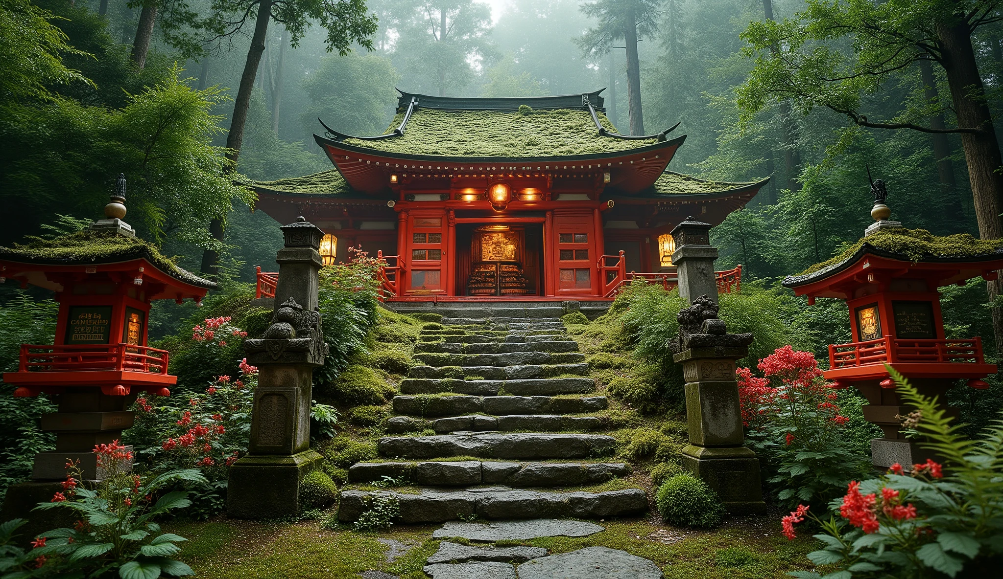 (A vermilion Japanese temple appears after climbing the old mossy stone steps:1.5),(A magnificent old shrine appears after climbing the mossy stone steps:1.5), (A beautiful world of sunsets:1.5),A mysterious world),fantastic atmosphere,A fox fire is lit in front of the shrine,(All the stone lanterns are lit:1.5),(The bright red flowers of the red spider lilies secretly blooming around the stone lantern:1.5),(The bright red flowers of the Manjushita Higanbana in full bloom:1.5),(A beautiful world of sunsets:1.5),(The bright red flowers of the red spider lilies secretly blooming around the stone lantern:1.5),(A bright red manju shagge secretly blooming around a stone lantern:1.5), lots of spider lilies blooming ,A lot of mandarin shagels are blooming,
