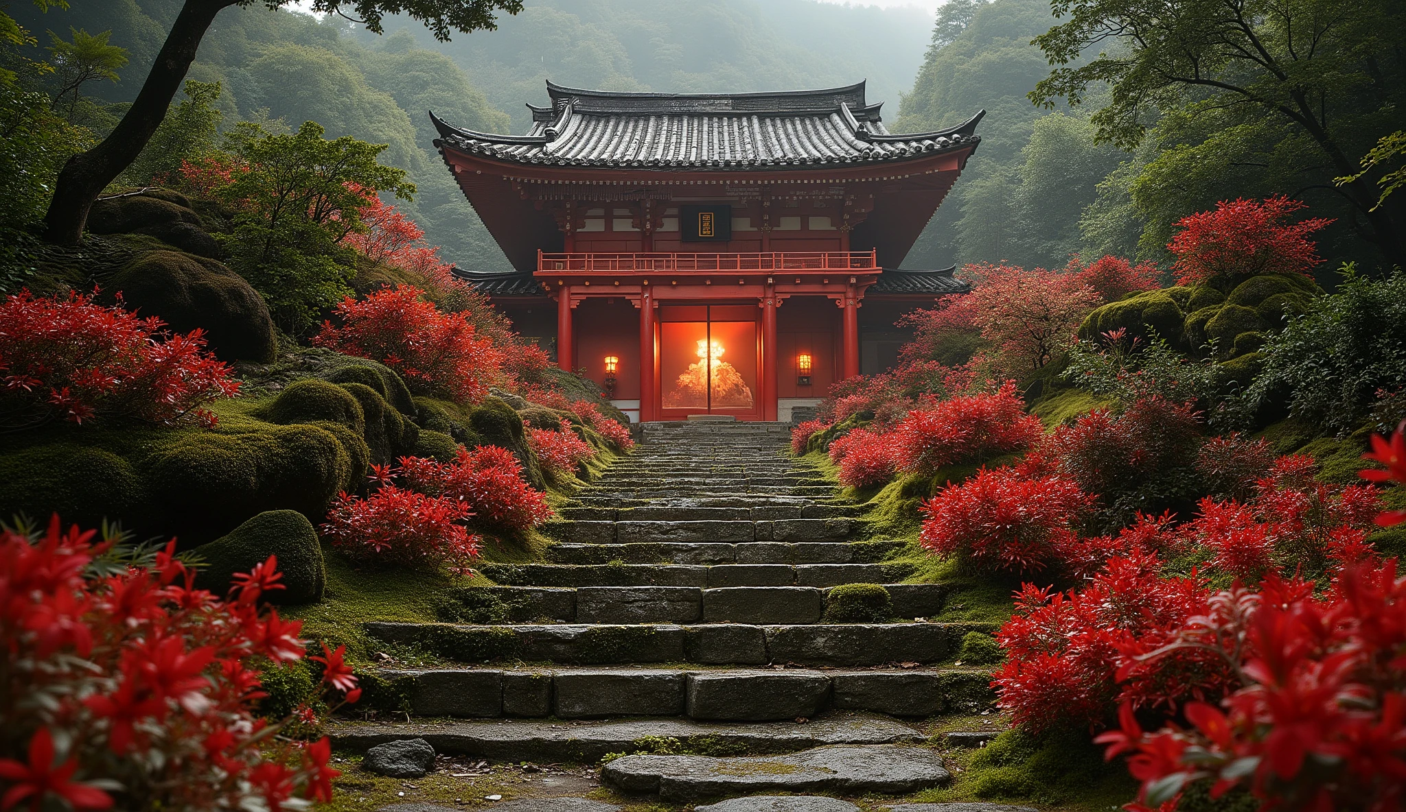 (A vermilion Japanese temple appears after climbing the old mossy stone steps:1.5),(A magnificent old shrine appears after climbing the mossy stone steps:1.5), (A beautiful world of sunsets:1.5),A mysterious world),fantastic atmosphere,A fox fire is lit in front of the shrine,(All the stone lanterns are lit:1.5),(The bright red flowers of the red spider lilies secretly blooming around the stone lantern:1.5),(The bright red flowers of the Manjushita Higanbana in full bloom:1.5),(A beautiful world of sunsets:1.5),(The bright red flowers of the red spider lilies secretly blooming around the stone lantern:1.5),(A bright red manju shagge secretly blooming around a stone lantern:1.5), lots of spider lilies blooming ,A lot of mandarin shagels are blooming,countless spider lilies are blooming,