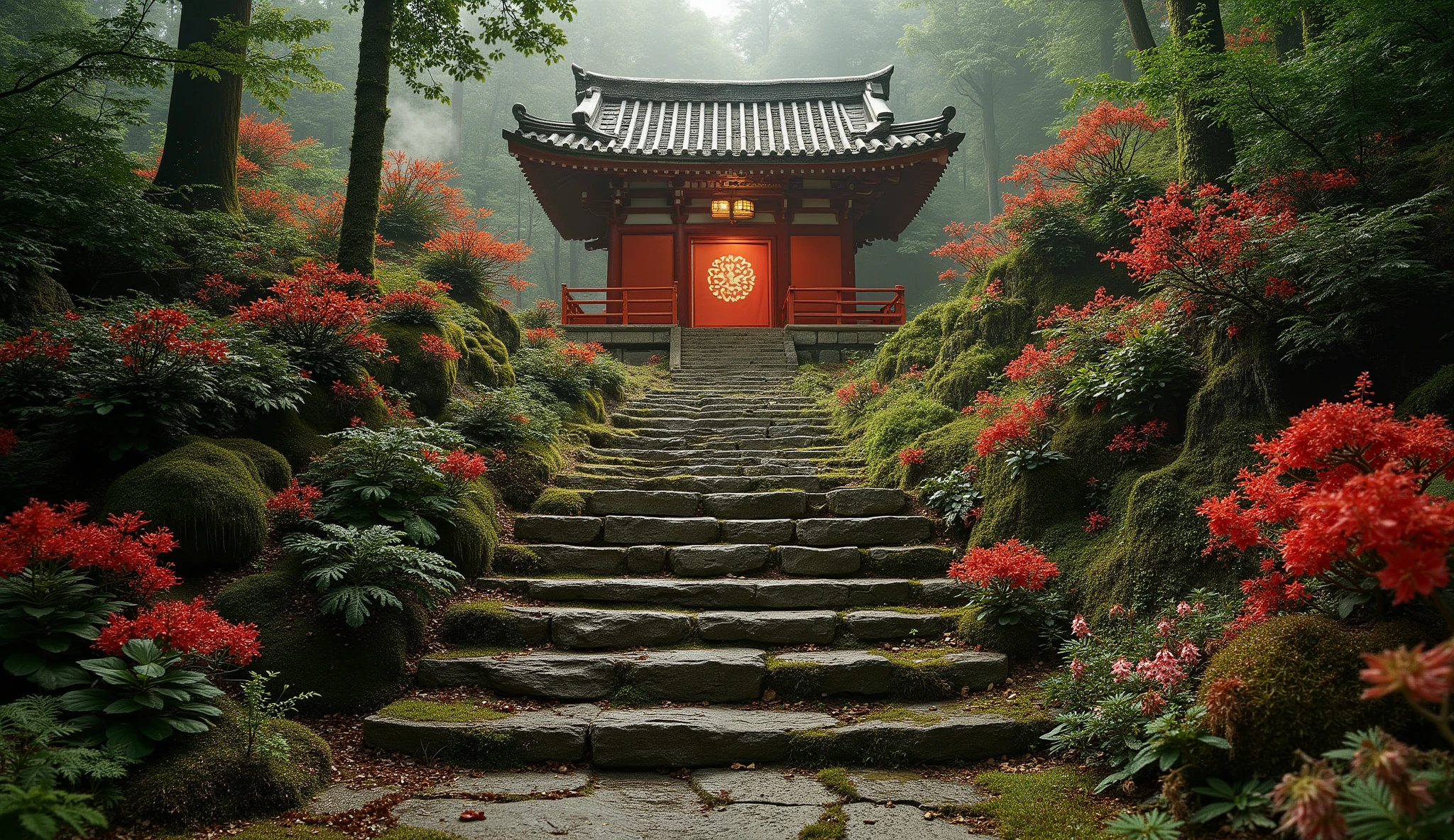 (A vermilion Japanese temple appears after climbing the old mossy stone steps:1.5),(A magnificent old shrine appears after climbing the mossy stone steps:1.5), (A beautiful world of sunsets:1.5),A mysterious world),fantastic atmosphere,A fox fire is lit in front of the shrine,(All the stone lanterns are lit:1.5),(The bright red flowers of the red spider lilies secretly blooming around the stone lantern:1.5),(The bright red flowers of the Manjushita Higanbana in full bloom:1.5),(A beautiful world of sunsets:1.5),(The bright red flowers of the red spider lilies secretly blooming around the stone lantern:1.5),(A bright red manju shagge secretly blooming around a stone lantern:1.5), lots of spider lilies blooming ,A lot of mandarin shagels are blooming,countless spider lilies are blooming,
