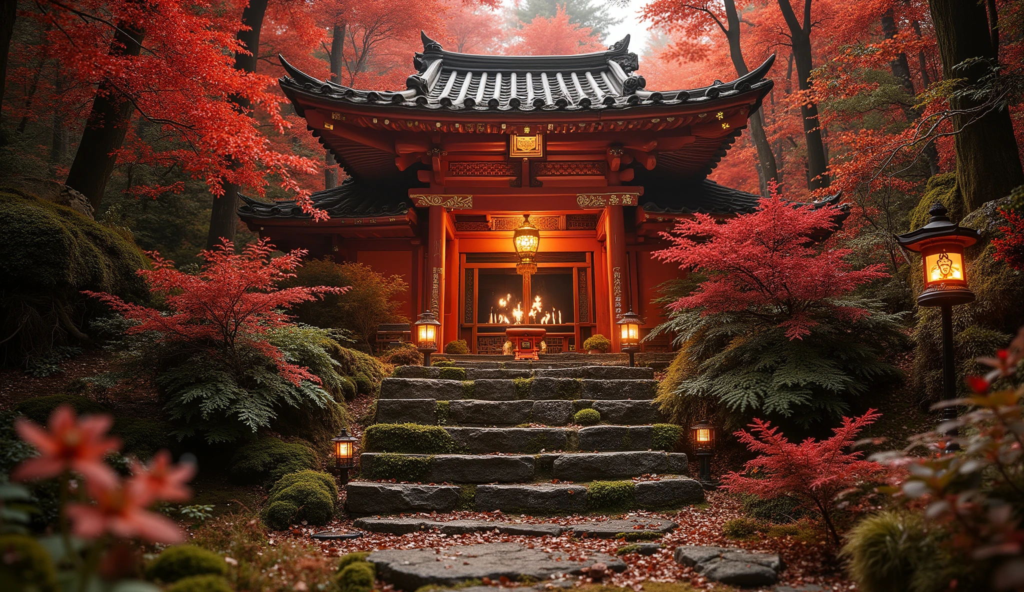 (A vermilion Japanese temple appears after climbing the old mossy stone steps:1.5),(A magnificent old shrine appears after climbing the mossy stone steps:1.5), (A beautiful world of sunsets:1.5),A mysterious world),fantastic atmosphere,A fox fire is lit in front of the shrine,(All the stone lanterns are lit:1.5),(The bright red flowers of the red spider lilies secretly blooming around the stone lantern:1.5),(The bright red flowers of the Manjushita Higanbana in full bloom:1.5),(A beautiful world of sunsets:1.5),(The bright red flowers of the red spider lilies secretly blooming around the stone lantern:1.5),(A bright red manju shagge secretly blooming around a stone lantern:1.5), lots of spider lilies blooming ,A lot of mandarin shagels are blooming,countless spider lilies are blooming,
