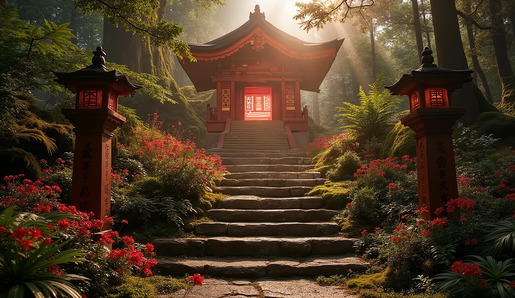 (A vermilion Japanese temple appears after climbing the old mossy stone steps:1.5),(A magnificent old shrine appears after climbing the mossy stone steps:1.5), (A beautiful world of sunsets:1.5),A mysterious world),fantastic atmosphere,A fox fire is lit in front of the shrine,(All the stone lanterns are lit:1.5),(The bright red flowers of the red spider lilies secretly blooming around the stone lantern:1.5),(The bright red flowers of the Manjushita Higanbana in full bloom:1.5),(A beautiful world of sunsets:1.5),(The bright red flowers of the red spider lilies secretly blooming around the stone lantern:1.5),(A bright red manju shagge secretly blooming around a stone lantern:1.5), lots of spider lilies blooming ,A lot of mandarin shagels are blooming,countless spider lilies are blooming,