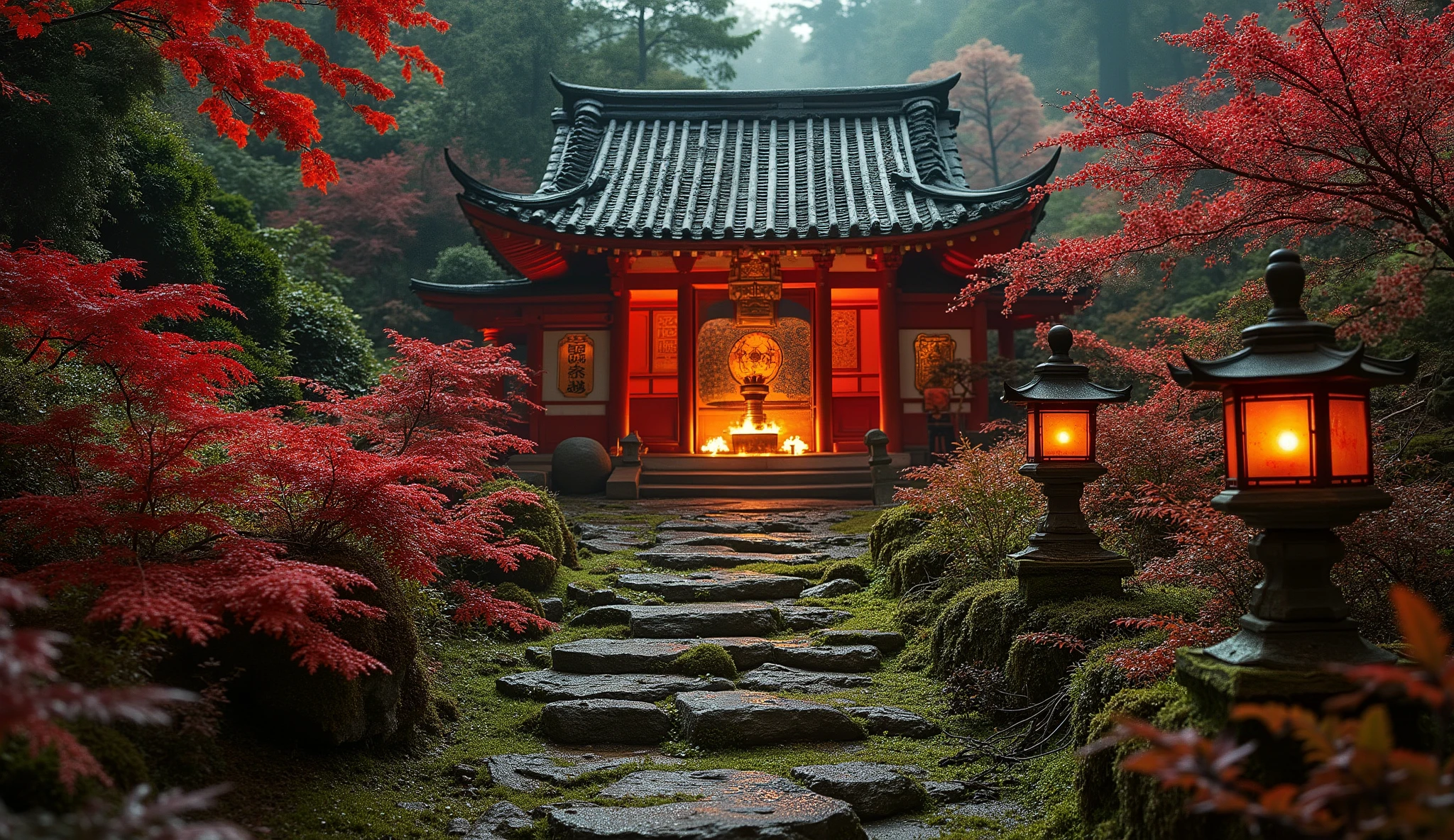 (A vermilion Japanese temple appears after climbing the old mossy stone steps:1.5),(A magnificent old shrine appears after climbing the mossy stone steps:1.5), (A beautiful world of sunsets:1.5),A mysterious world),fantastic atmosphere,A fox fire is lit in front of the shrine,(All the stone lanterns are lit:1.5),(The bright red flowers of the red spider lilies secretly blooming around the stone lantern:1.5),(The bright red flowers of the Manjushita Higanbana in full bloom:1.5),(A beautiful world of sunsets:1.5),(The bright red flowers of the red spider lilies secretly blooming around the stone lantern:1.5),(A bright red manju shagge secretly blooming around a stone lantern:1.5), lots of spider lilies blooming ,A lot of mandarin shagels are blooming,countless spider lilies are blooming,