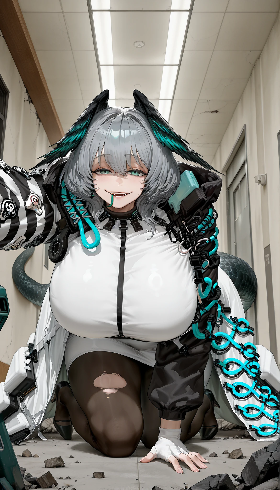 GTScramped, cover, rubble, Gigantic, Rapid growth, The furniture, aisle, hallway, on all fours, gigantic breasts, ho'olheyak_\(arknights\), aqua eyes, grey hair, head wings, snake tail, fingerless gloves, black pantyhose, pencil dress, long coat, high heels, torn clothes, (A woman so huge that she blocks the aisle with her whole body:1.4), I'm extending one arm over here, trying to grab, suspicious smile, Open Your Mouth