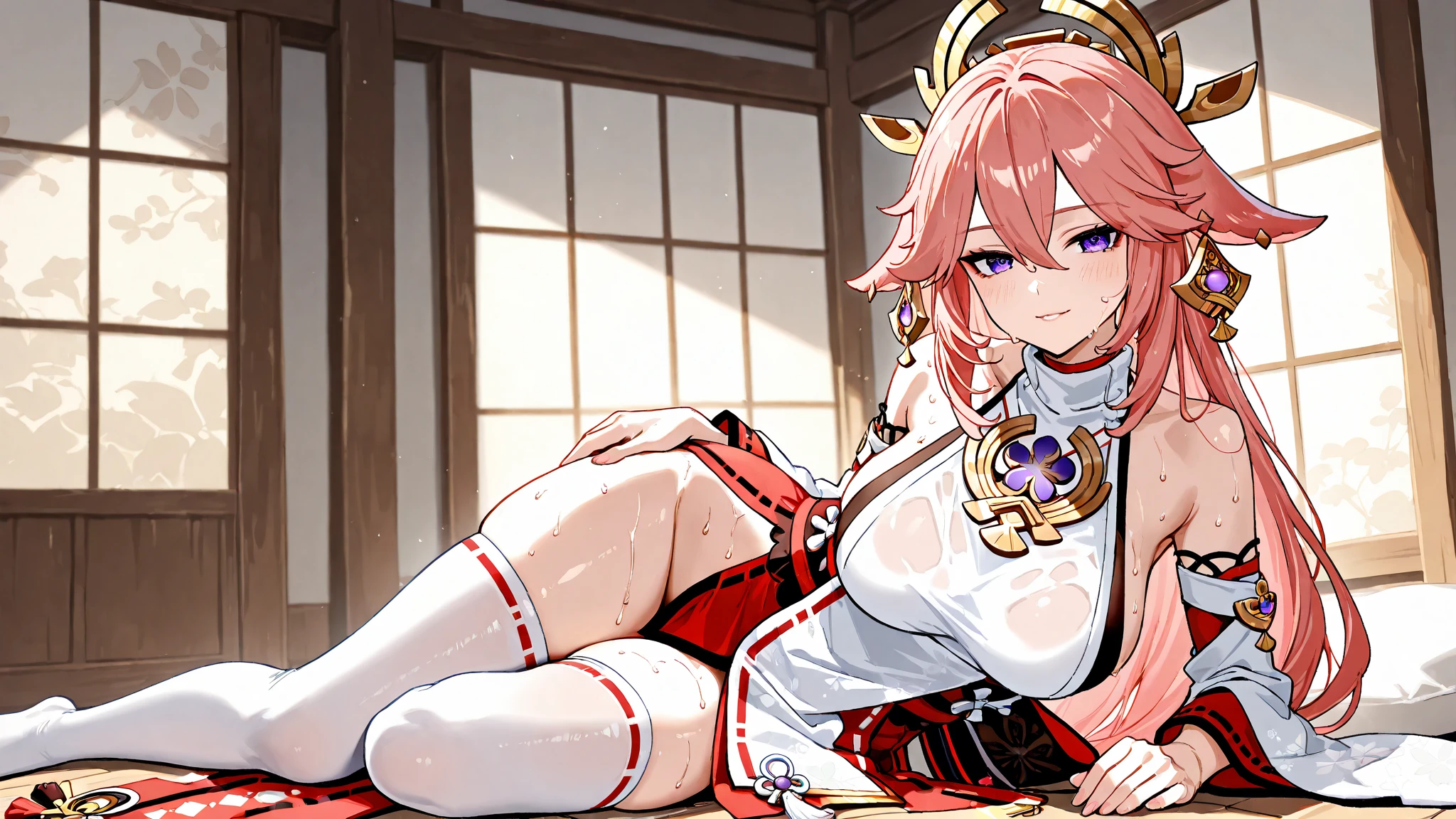 Genshin Impact　Yae Miko　fart　　blushing and crying　　Squatting down and pooping a lot　Pee