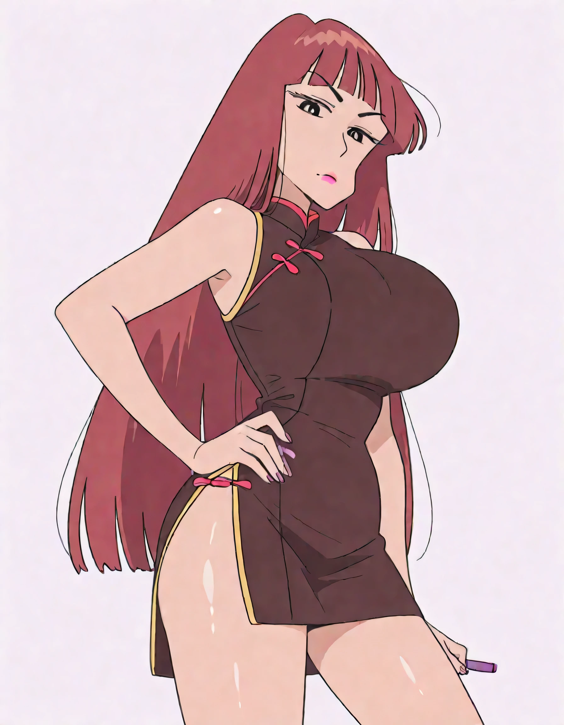 masterpiece masterpiece, ultra-HD, impressionism, high detail, best quality, very aesthetic, 8k, best quality, beautiful, tmchng , anime coloring , Omega Ranran (Crayon Shin-chan) , shiny skin , glistening skin , red hair, makeup , bangs , blunt bangs , very long hair, china dress , bare shoulders , sleeveless , huge breasts , Sitting,tachi-e,side slit , thighs , looking at viewer , mole under mouth , hand on hip , standing , blank background