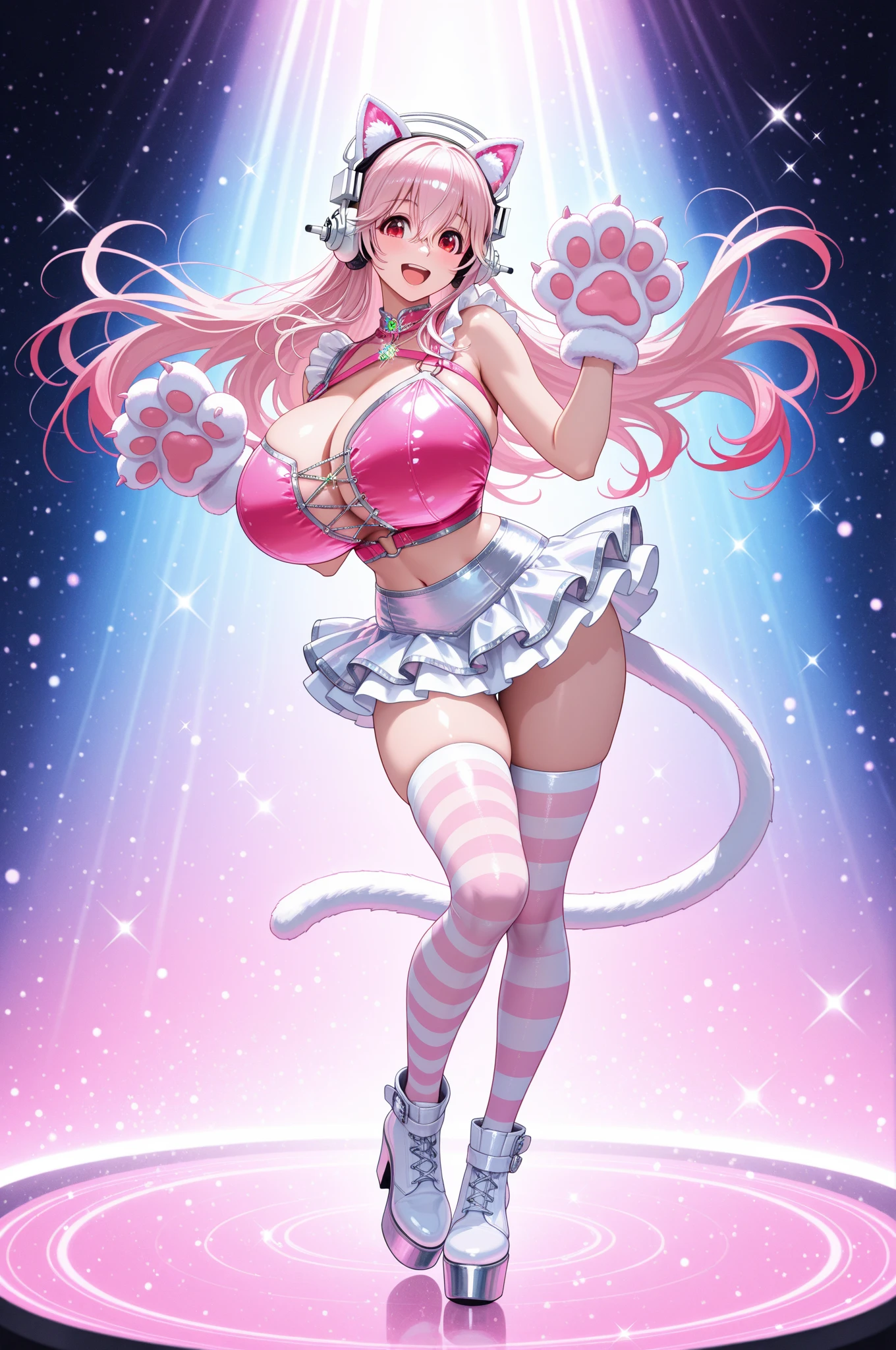 hyperdetailed drawing, perfect quality, high quality, masterpiece, absolutely eye-catching, absurdres, newest, detailed eyes, perfect eyes, realistic eyes, (beautiful and aesthetic), very awa, newest, cinematic light, pinup girl pose, 1girl, super sonico, long hair, pink hair, looking at viewer, smile, open mouth, hair between eyes, jewelry, very long hair, gradient hair, pink hair, white hair, full body, fake animal ears, pink dog ears, animal hands, large pink dog paws, dog claws, dog tail, , frilly micro skirt, tight skirt, pink crop top, sleeveless, white skirt, silver headphones, red eyes, sparkle, floating hair, depth of field, white footwear, striped thighhighs, happy, light blush, light particles, silver trim, glint, platform footwear, pink harness, colorful, alternate costume, artistic background, 