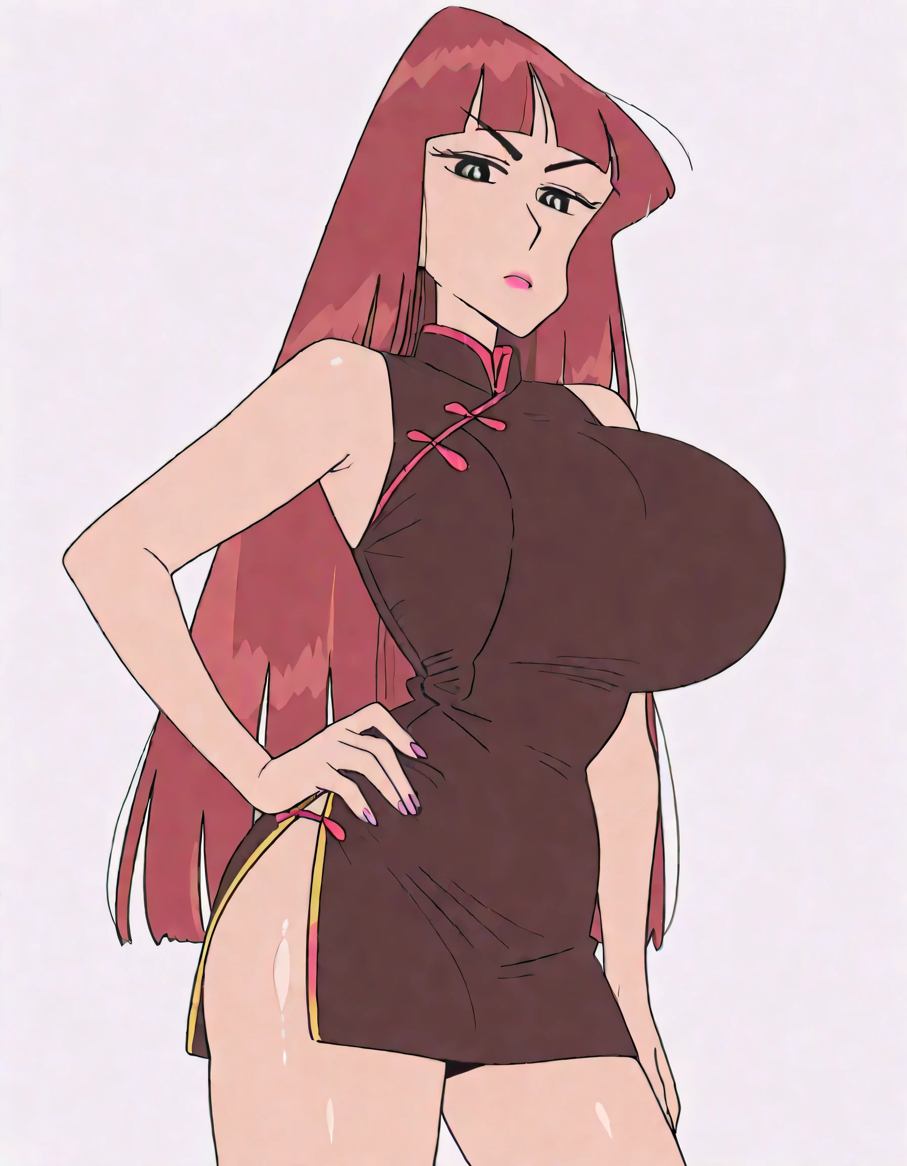 masterpiece masterpiece, ultra-HD, impressionism, high detail, best quality, very aesthetic, 8k, best quality, beautiful, anime coloring , Omega Ranran (Crayon Shin-chan) , shiny skin , glistening skin , red hair, makeup , bangs , blunt bangs , very long hair, china dress , bare shoulders , sleeveless , huge breasts , tachi-e,side slit , thighs , looking at viewer , mole under mouth , hand on hip , blank background