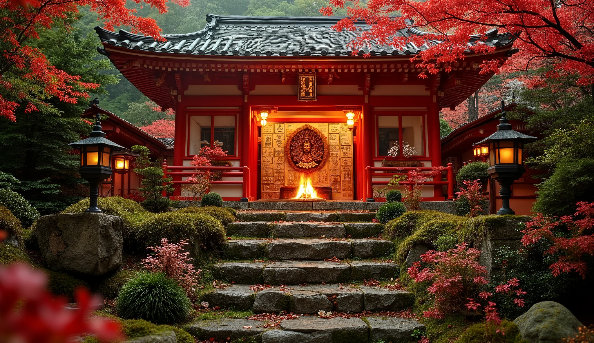 (古いAs I climbed the mossy stone steps, 、a vermilion Japanese temple appears:1.5),(As I climbed the mossy stone steps, 、A magnificent old shrine appears:1.5), (A beautiful world dyed in the sunset:1.5),A mysterious world),fantastic atmosphere,A fox fire is lit in front of the shrine,(the stone lanterns are all lit:1.5),(A bright red spider lily flower blooming secretly around a stone lantern:1.5),(the bright red flowers of Manjushaga in full bloom:1.5),(A beautiful world dyed in the sunset:1.5),(A bright red spider lily flower blooming secretly around a stone lantern:1.5),(A bright red manju shagge blooming secretly around a stone lantern:1.5), lots of higan flowers are blooming ,A lot of mandarin shagels blooming secretly around stone lanterns,countless spider lilies are blooming,